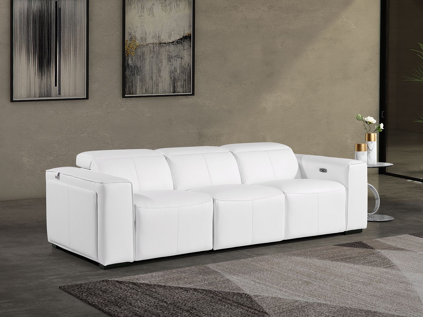 1224 Divanitalia 3-Piece Modular Power Reclining Sofa in Top Grain Italian Leather with 3 Power Recliners & Power Headrests - White
