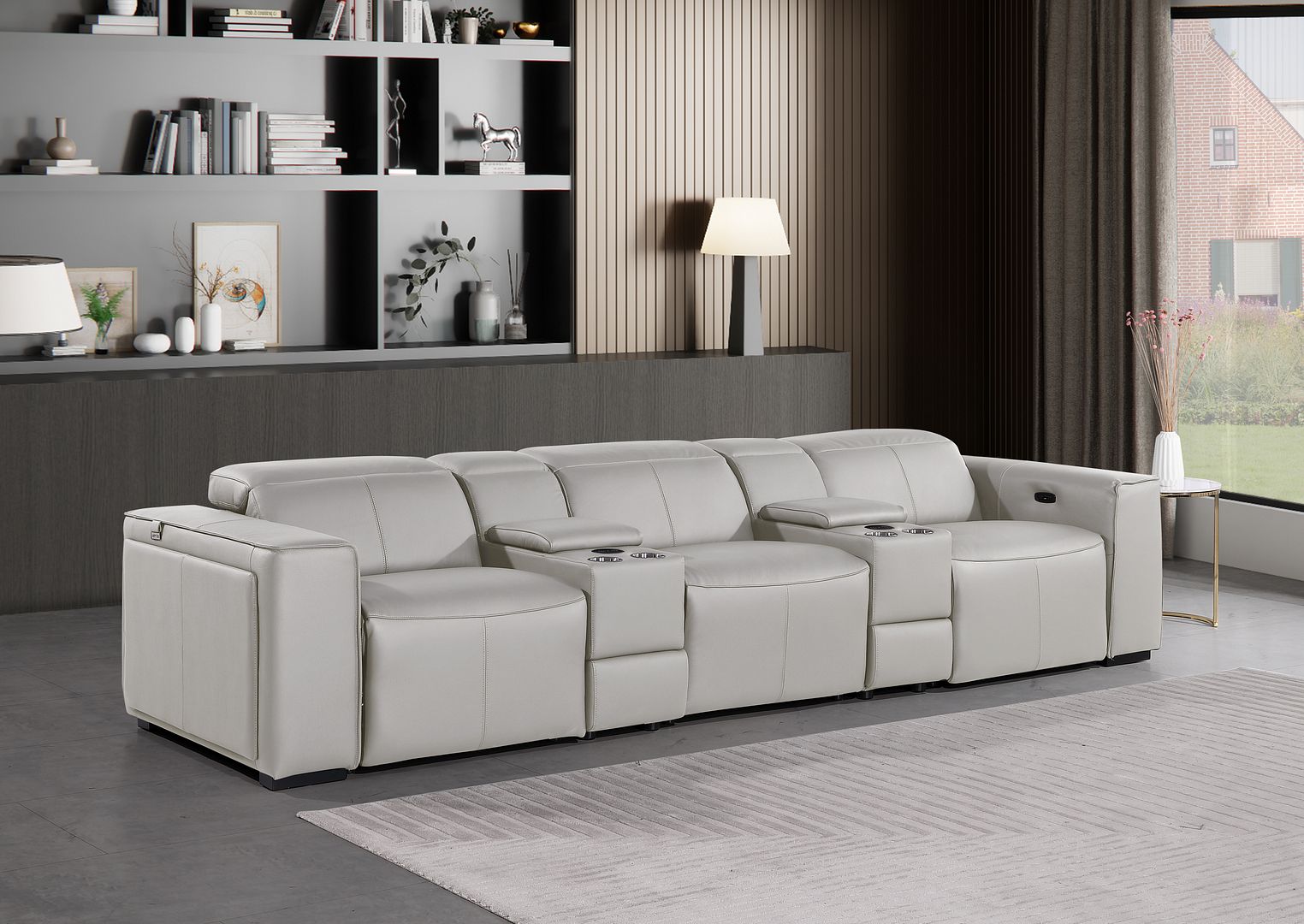 1224 Divanitalia 5-Piece Modular Power Reclining Sofa in Top Grain Italian Leather with 3 Power Recliners & Power Headrests - Light Grey