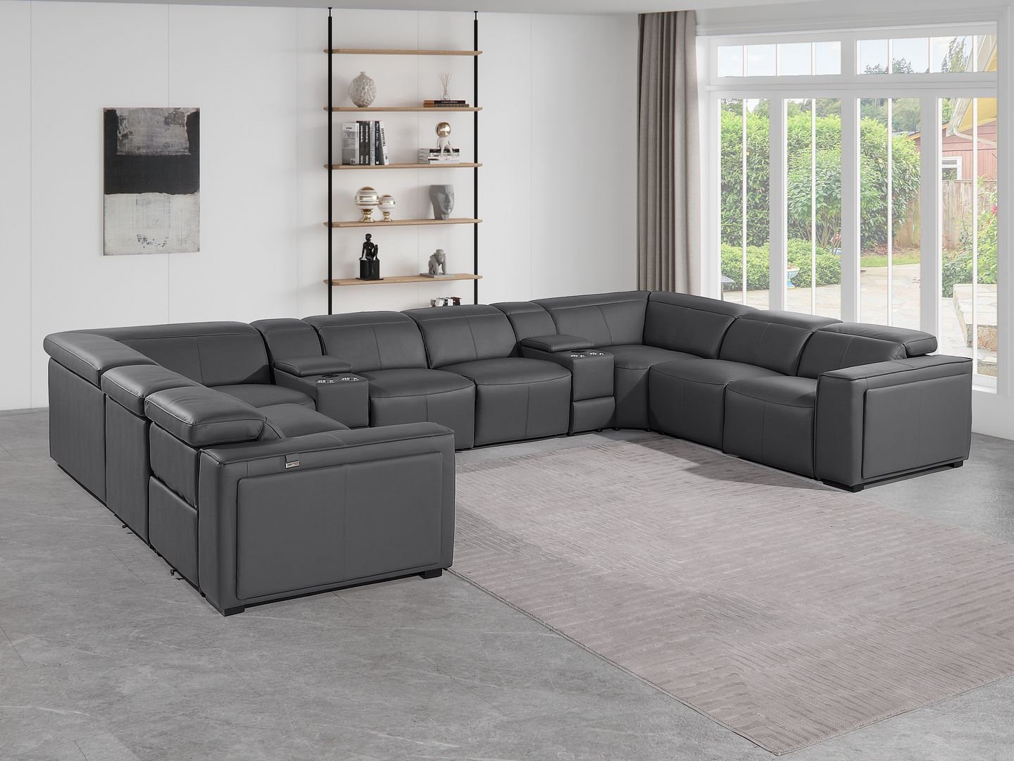 1224 Divanitalia 10-Piece U-Shaped Sectional Sofa in Top Grain Italian Leather with 4 Power Recliners & Power Headrests - Dark Grey