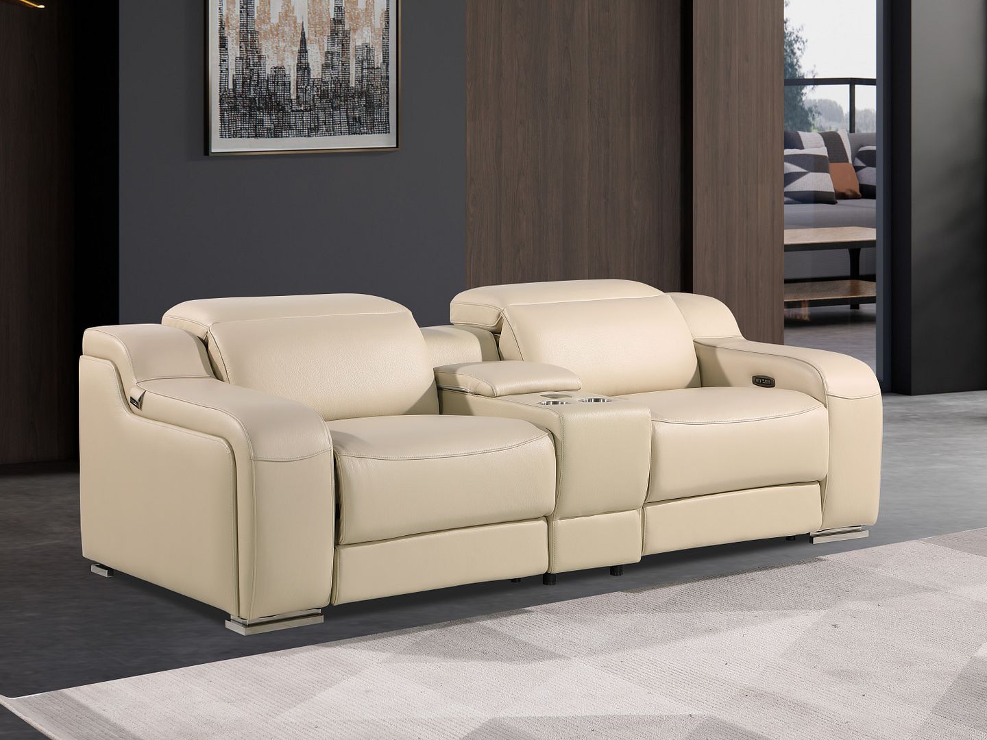 1116 Divanitalia 3-Piece Modular Power Reclining Console Loveseat in Top Grain Italian Leather with 2 Power Recliners & Power Headrests - Beige