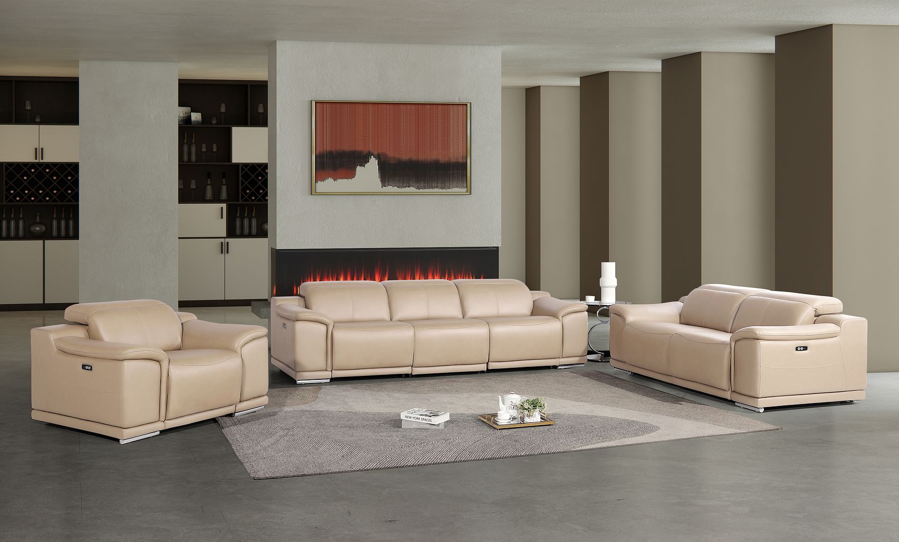 2679 Power Reclining Sofa, Loveseat & Chair Set in Genuine Leather - 6 Recliners - Beige