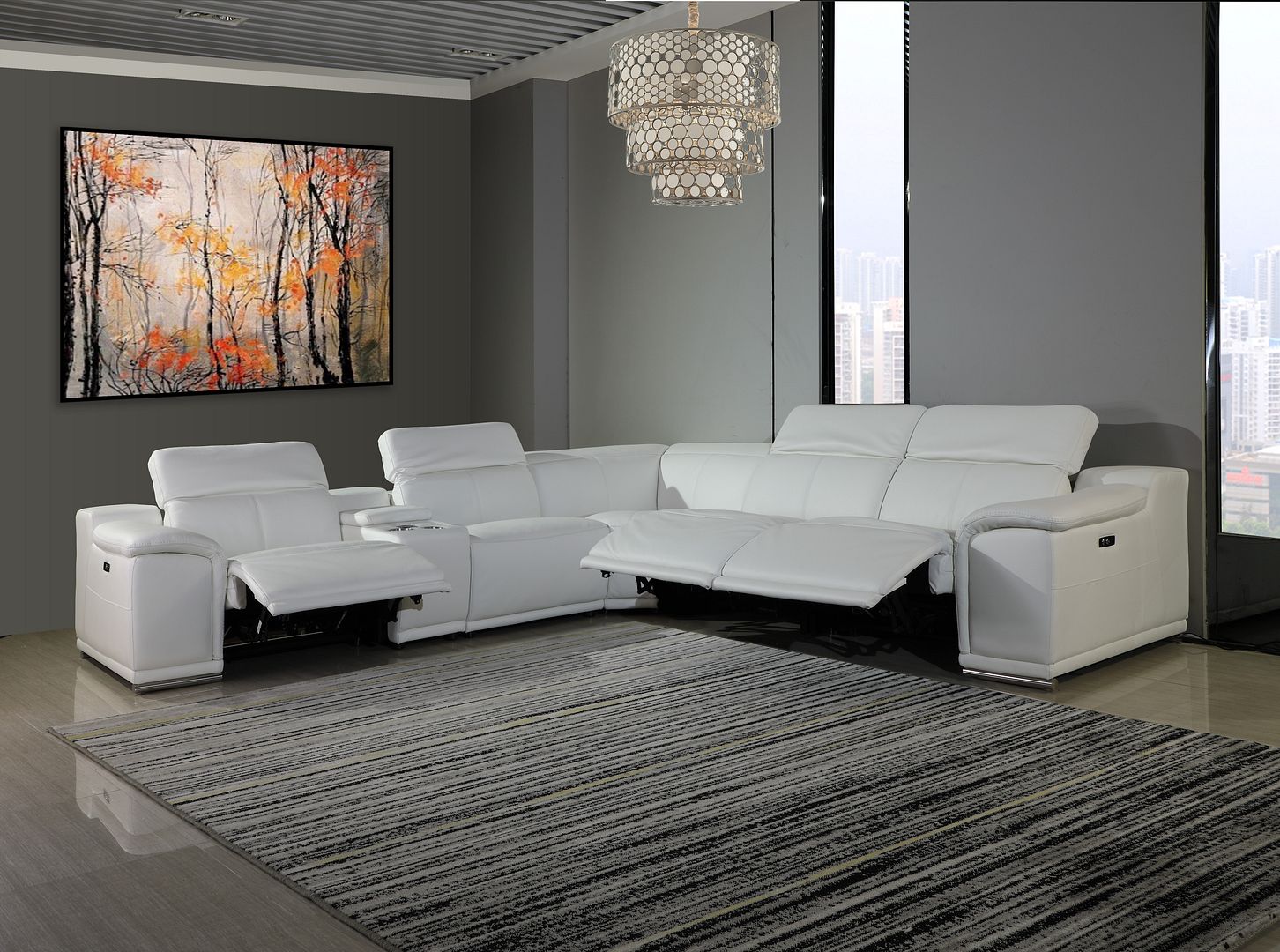 9762 Divanitalia 6-Piece L-Shaped Top Grain Italian Leather Sectional Sofa with 3 Power Recliners - White
