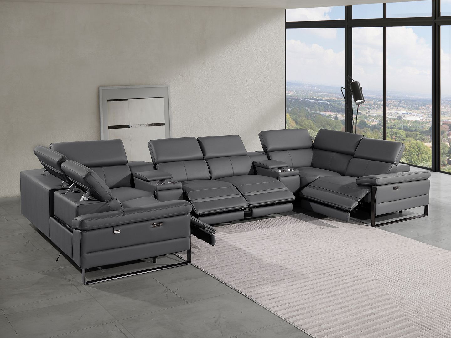 1246 Divanitalia 8-Piece U-Shaped Modular Power Reclining Sectional Sofa with 4 Power Recliners and Power Headrests - Top Grain Italian Leather