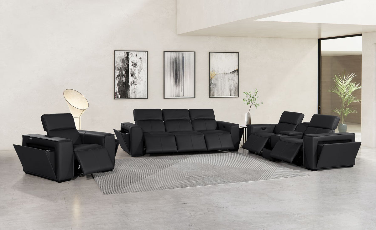 1224 Divanitalia 7-Piece Modular Power Reclining Sofa, Loveseat & Chair Set in Top Grain Italian Leather with 6 Power Recliners & Power Headrests - Black - SKU 1224-BLACK-7.6-HT-3PC - view 2