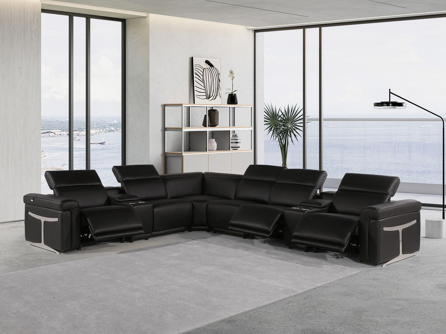 1126 Divanitalia 8-Piece L-Shaped Sectional Sofa in Top Grain Italian Leather with 3 Power Recliners & Power Headrests - Black