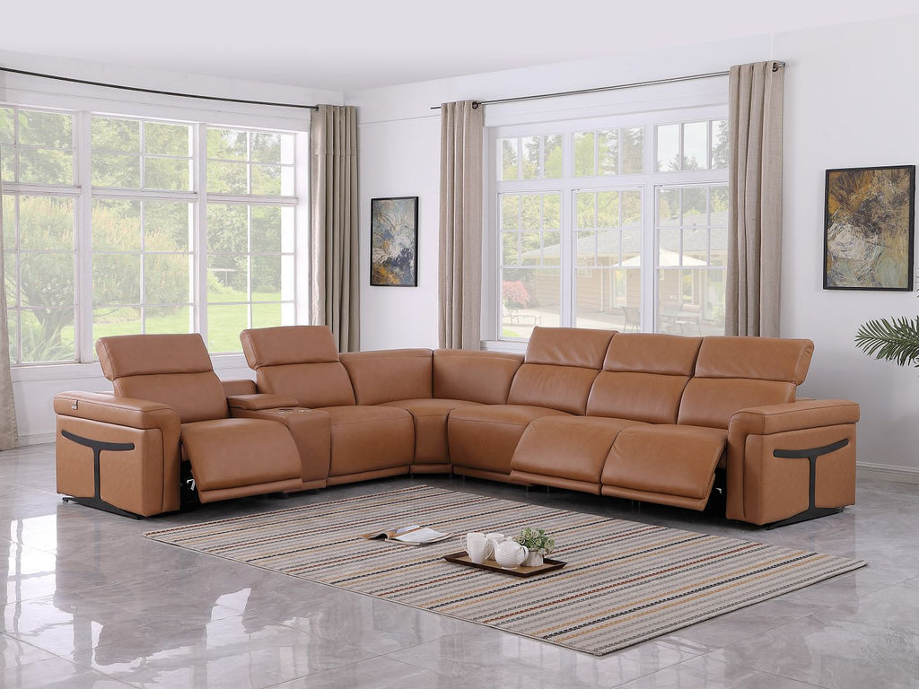 1126 Divanitalia 7-Piece L-Shaped Sectional Sofa in Top Grain Italian Leather with 3 Power Recliners & Power Headrests - Cognac - SKU 1126-COGNAC-SEC-7PC-3PWR-SECTIONAL-GROUP - view 2