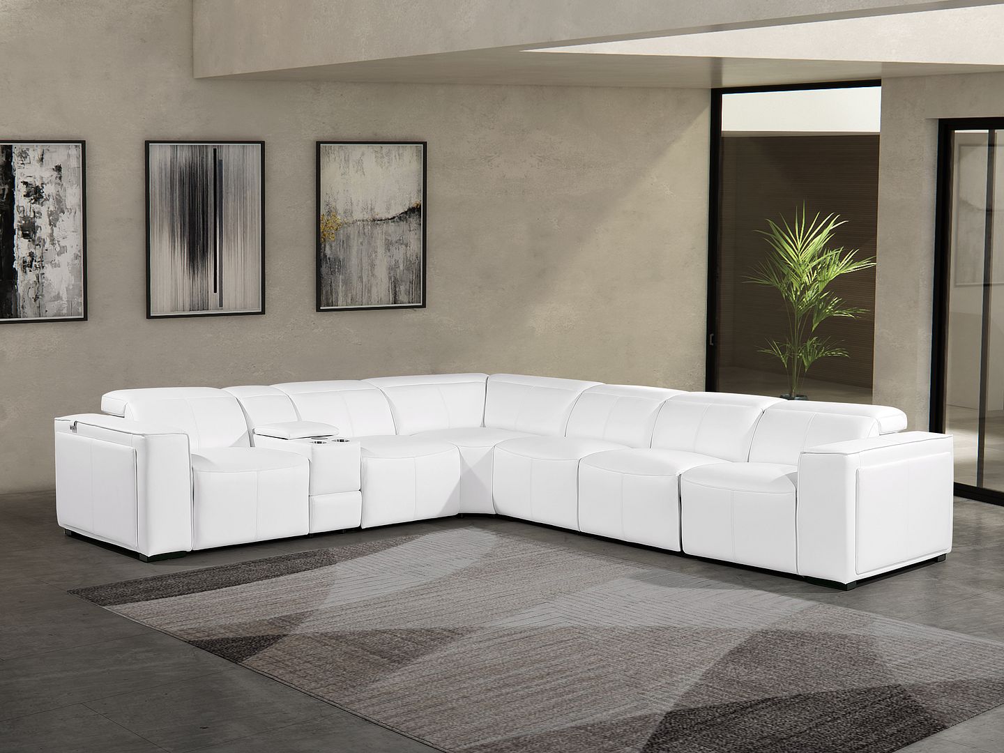 1224 Divanitalia 7-Piece L-Shaped Sectional Sofa in Top Grain Italian Leather with 4 Power Recliners & Power Headrests - White