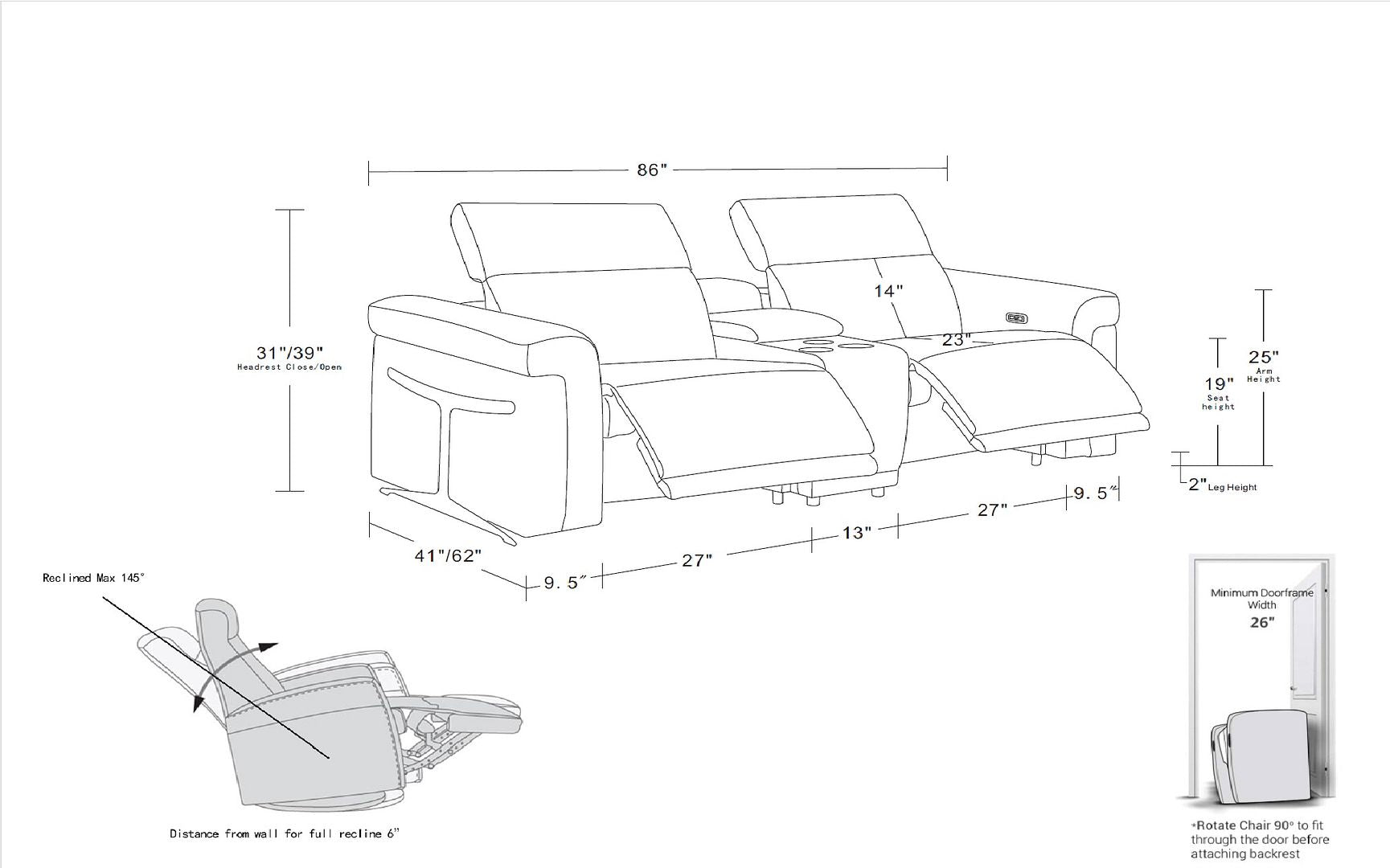 1126 Divanitalia 3-Piece Modular Power Reclining Loveseat in Top Grain Italian Leather with 2 Power Recliners & Power Headrests