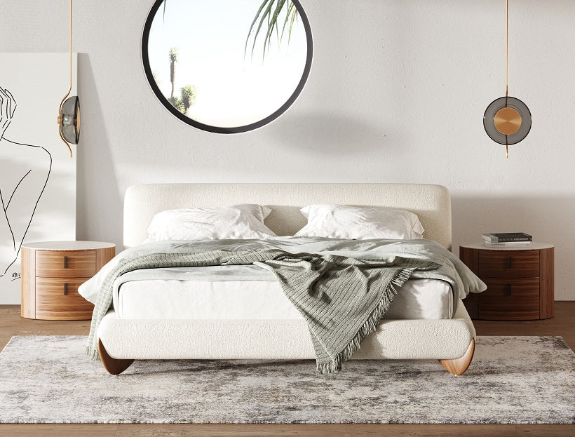 Fleury - Contemporary Cream Fabric and Walnut Bed - Contemporary Cream Fabric and Walnut Bed