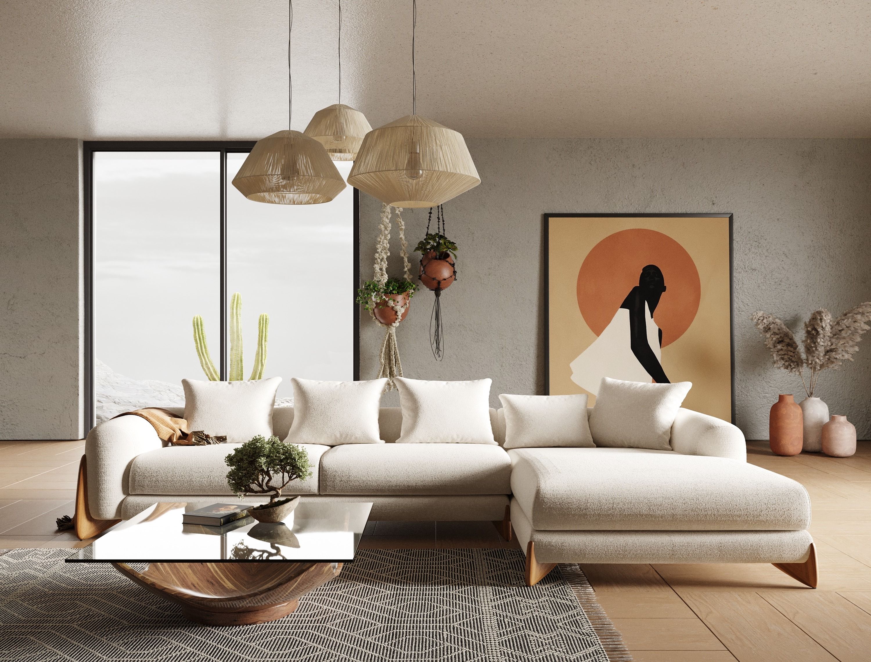 Modrest Fleury - Contemporary Cream Fabric and Walnut RAF Sectional Sofa - free white glove delivery in LA