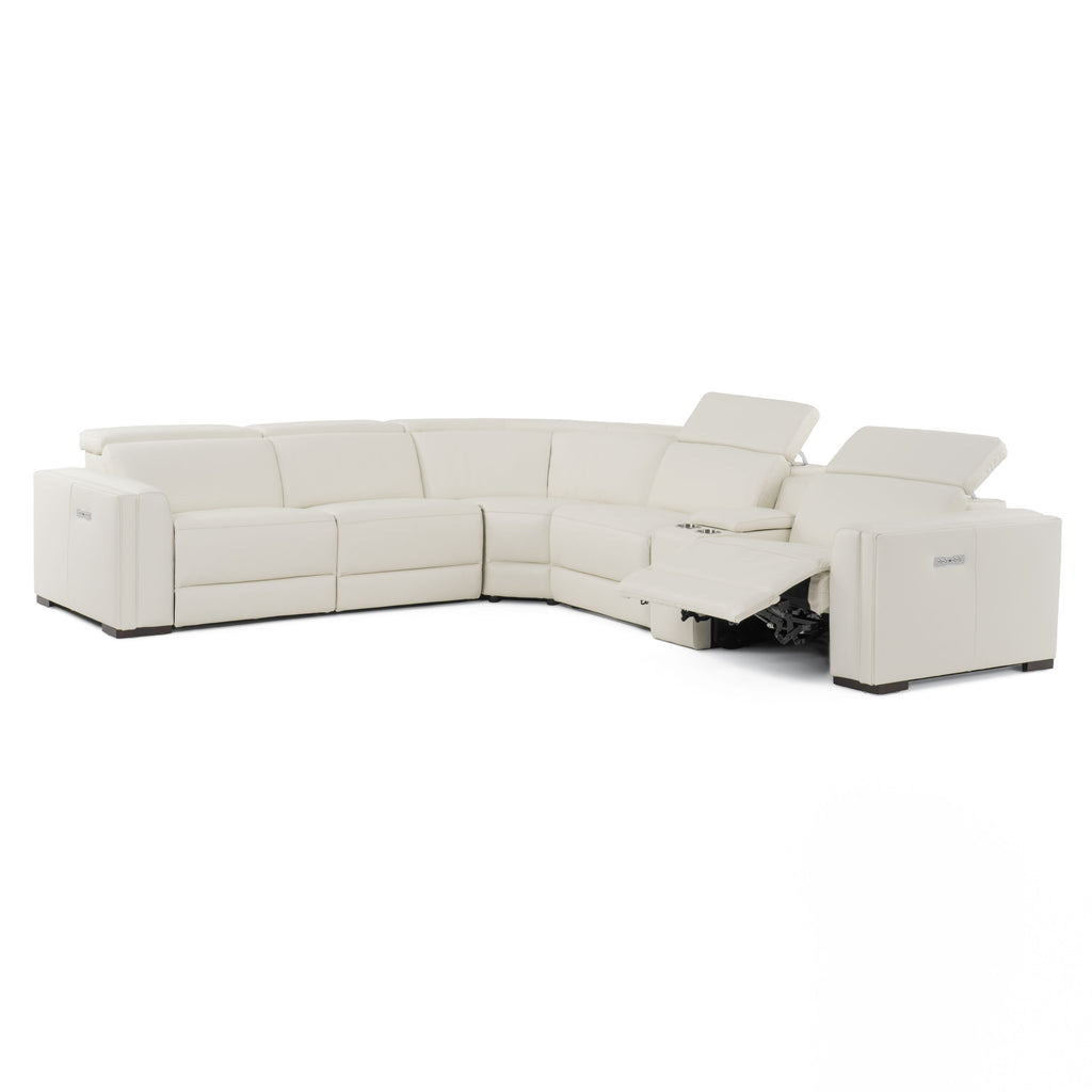 Frazier - Modern White Leather Sectional Sofa with 3 Recliners + Console