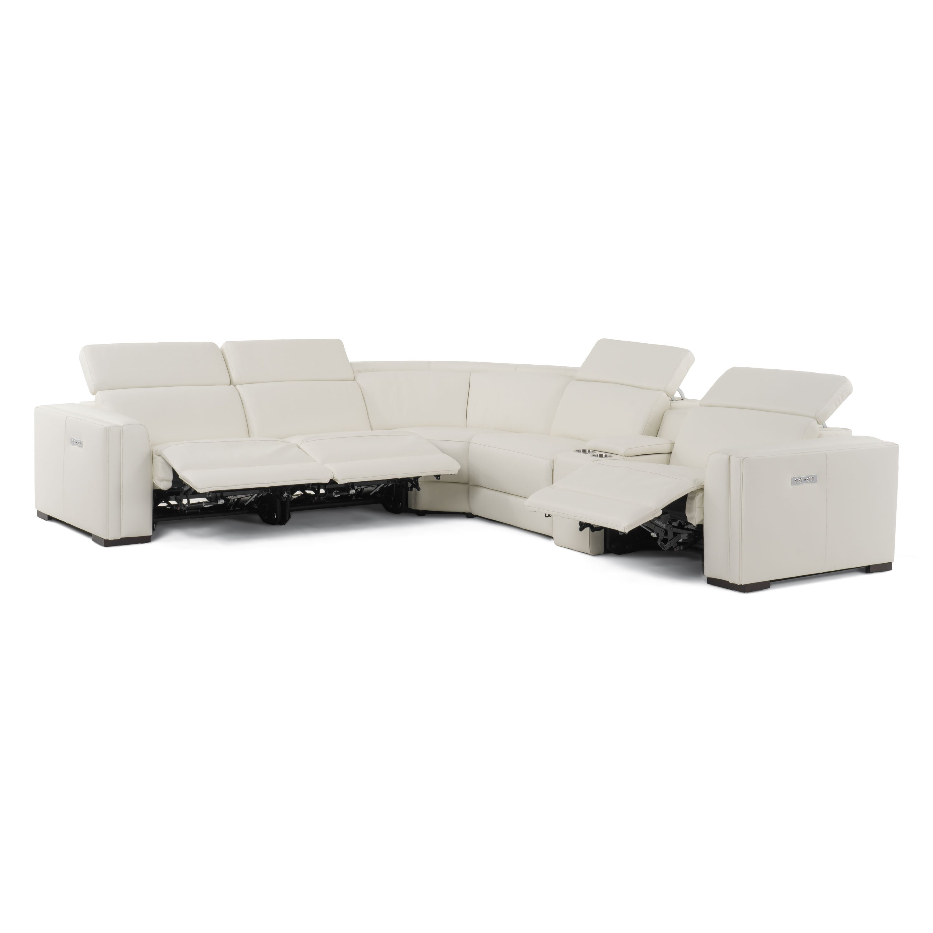Frazier - Modern White Leather Sectional Sofa with 3 Recliners + Console