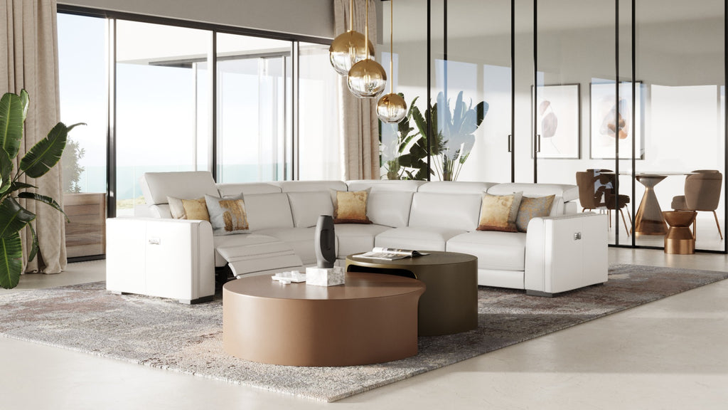 Frazier - Modern White Leather Sectional Sofa with 3 Recliners