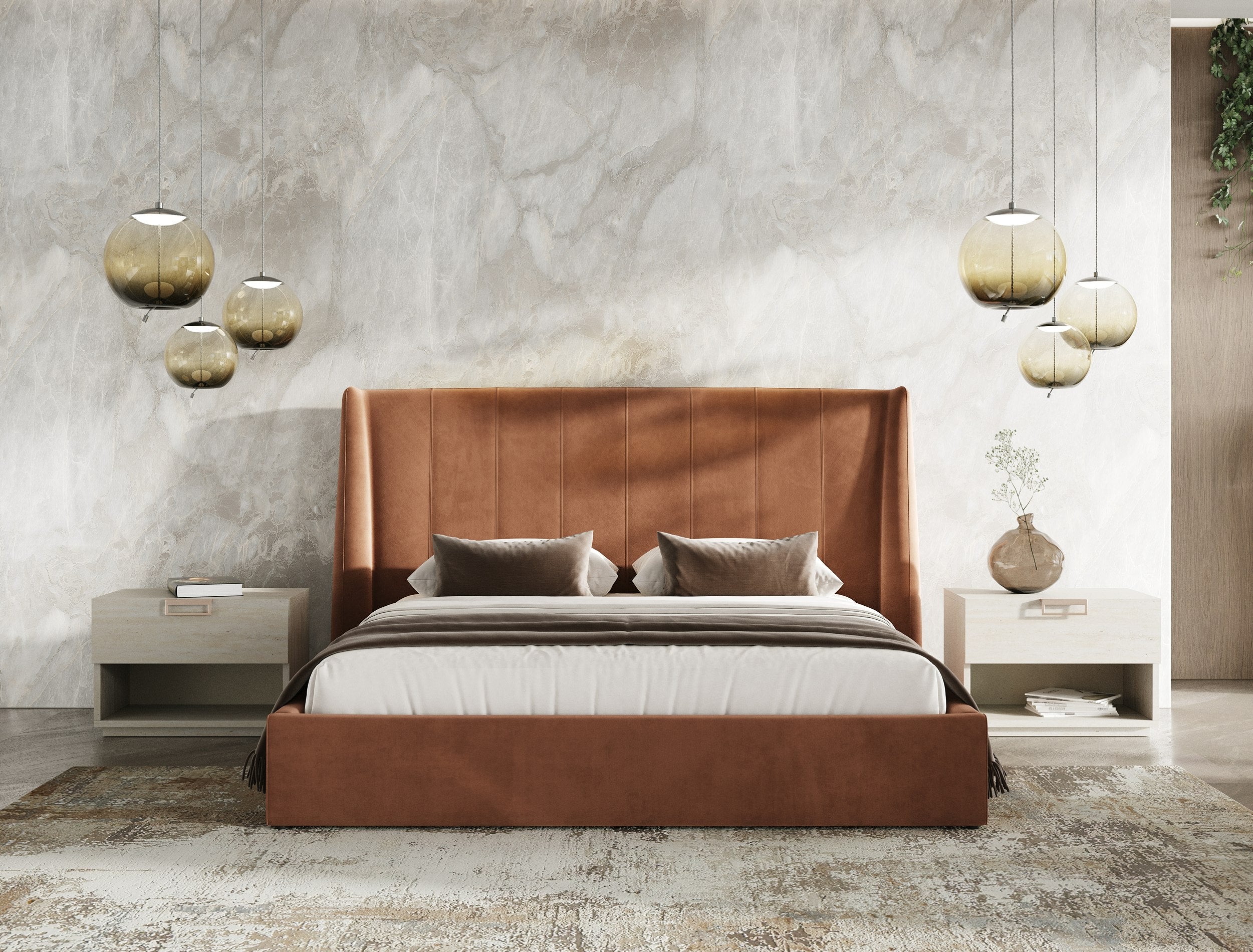 Roma - Modern Burnt Orange Microfiber Upholstered Bed - Modern Burnt Orange Microfiber Upholstered Bed