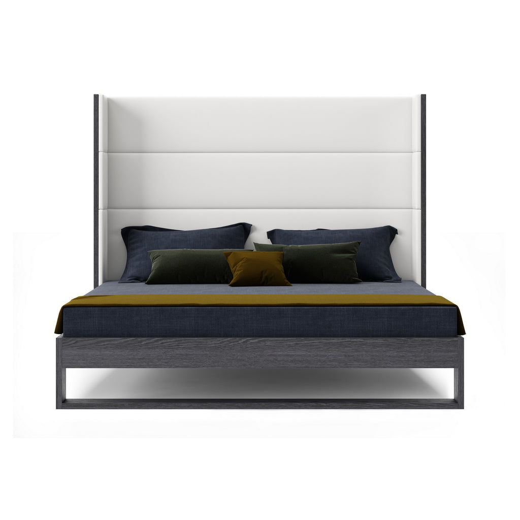 Heloise - Eastern King Contemporary White Leather & Grey Elm Trim Bed - Eastern King Contemporary White Leather & Grey Elm Trim Bed