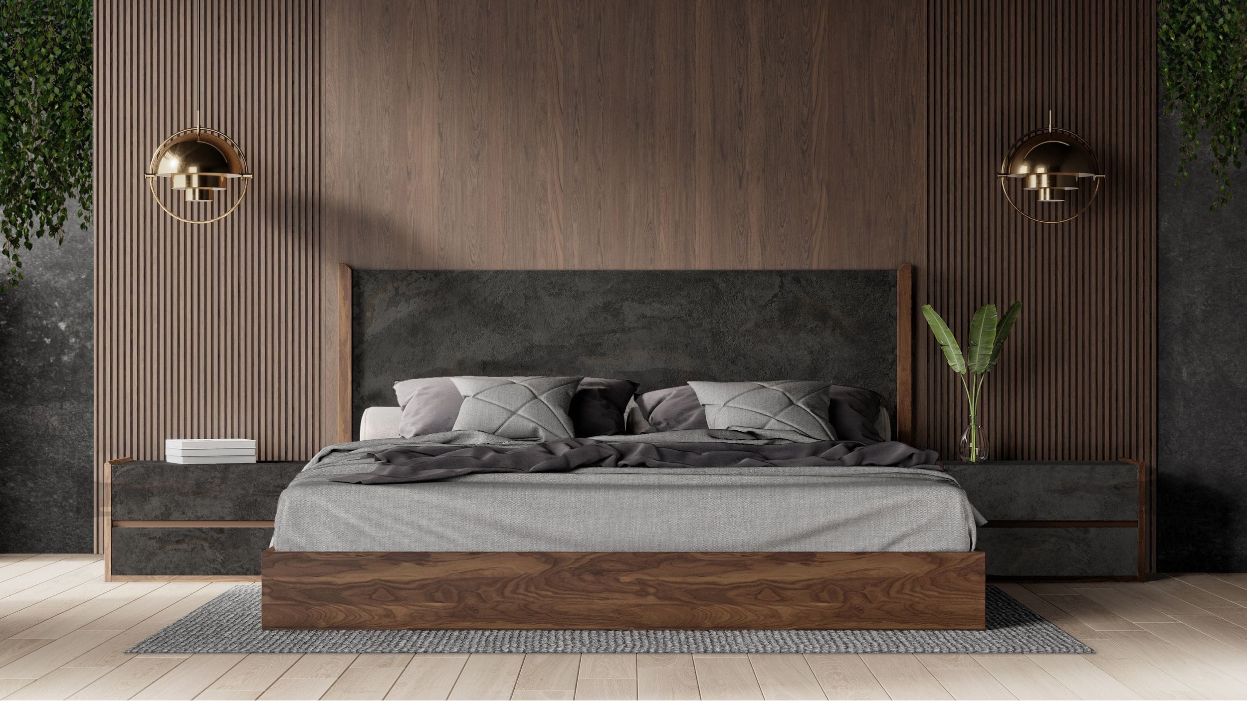Rado - Modern Walnut & Volcanic Slate Bed - Modern Walnut & Volcanic Slate Bed