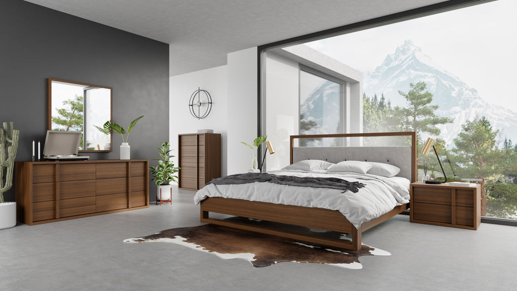 Falcor - Modern Grey Fabric & Walnut Veneer Bed - Modern Grey Fabric & Walnut Veneer Bed
