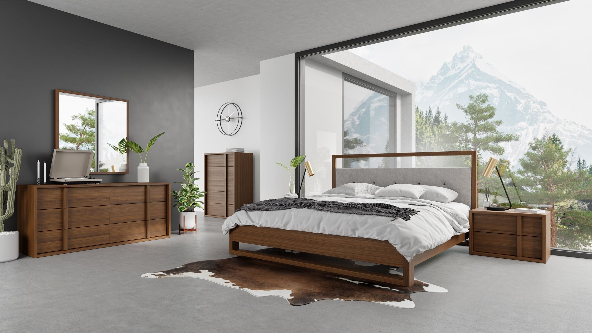 Falcor - Modern Grey Fabric & Walnut Veneer Bed - Modern Grey Fabric & Walnut Veneer Bed