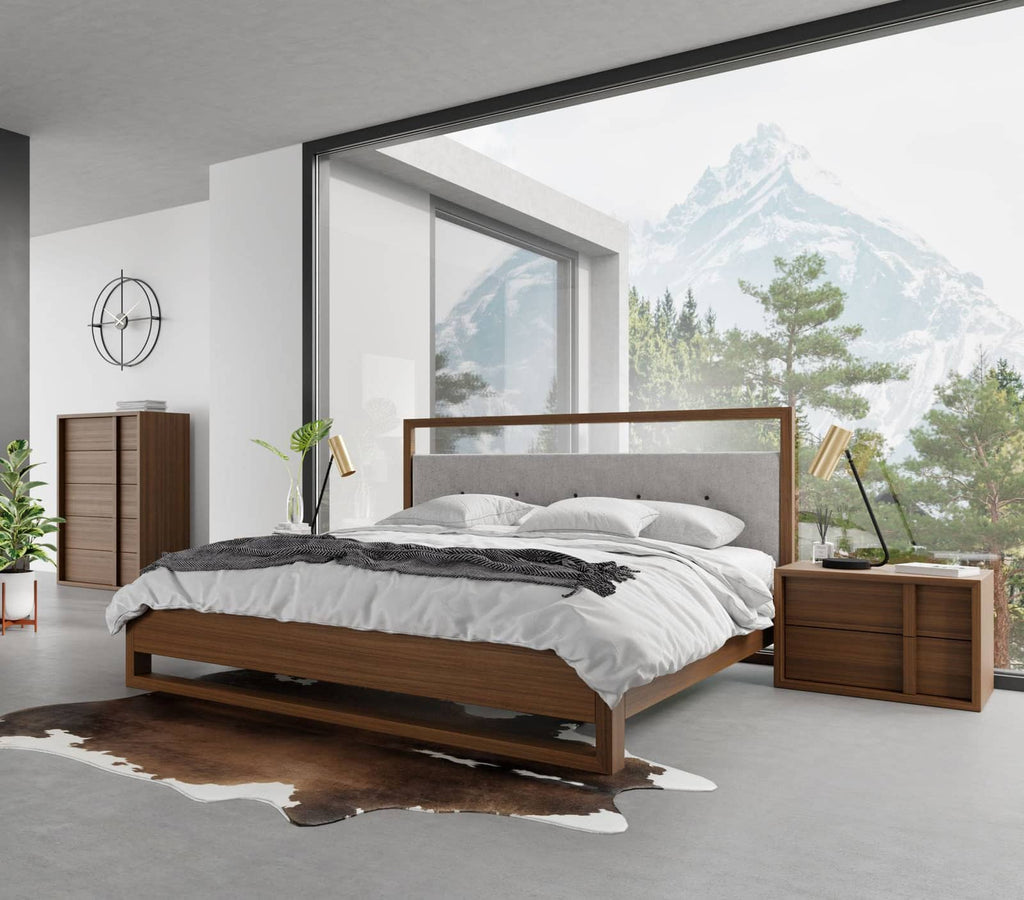 Falcor - Modern Grey Fabric & Walnut Veneer Bed - Modern Grey Fabric & Walnut Veneer Bed