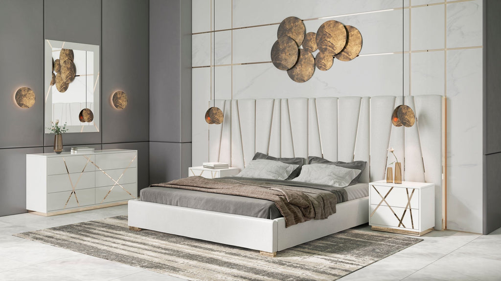 Queen Nixa Modern White Bonded Leather & Gold Bed