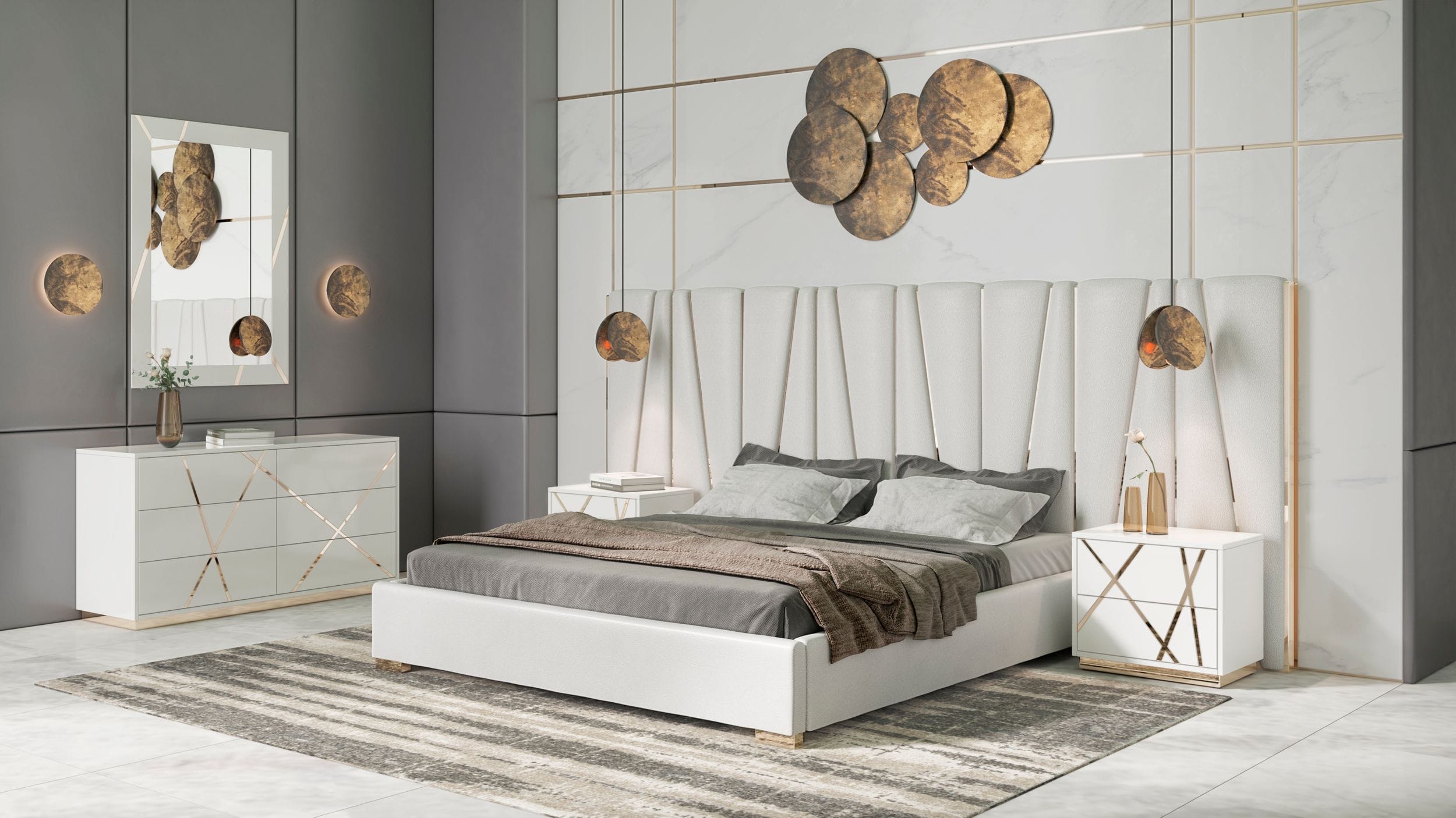 Queen Nixa Modern White Bonded Leather & Gold Bed