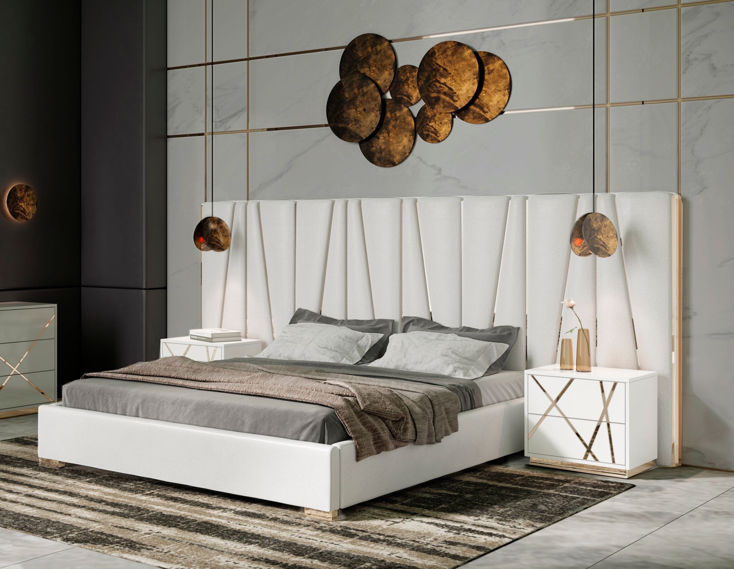 Queen Nixa Modern White Bonded Leather & Gold Bed