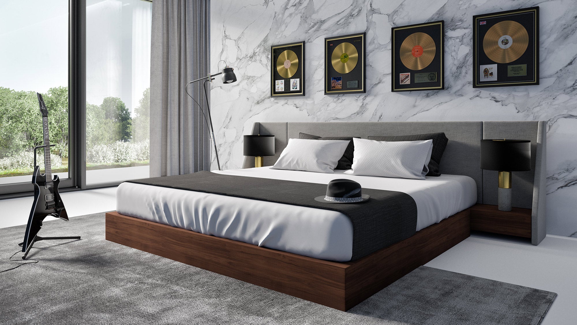 Janice - Modern Grey Fabric and Walnut Bed and Nightstands - Modern Grey Fabric and Walnut Bed and Nightstands