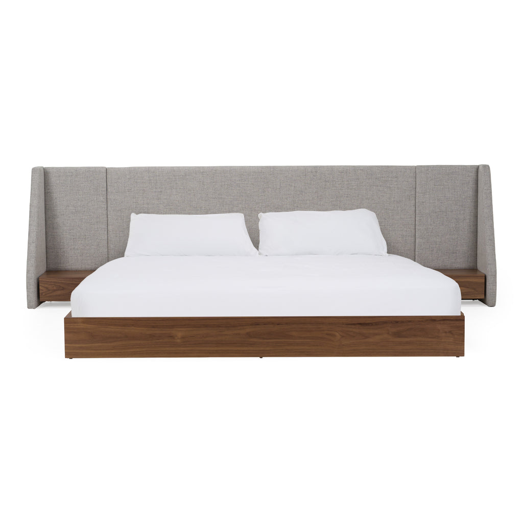 Janice - Modern Grey Fabric and Walnut Bed and Nightstands - Modern Grey Fabric and Walnut Bed and Nightstands