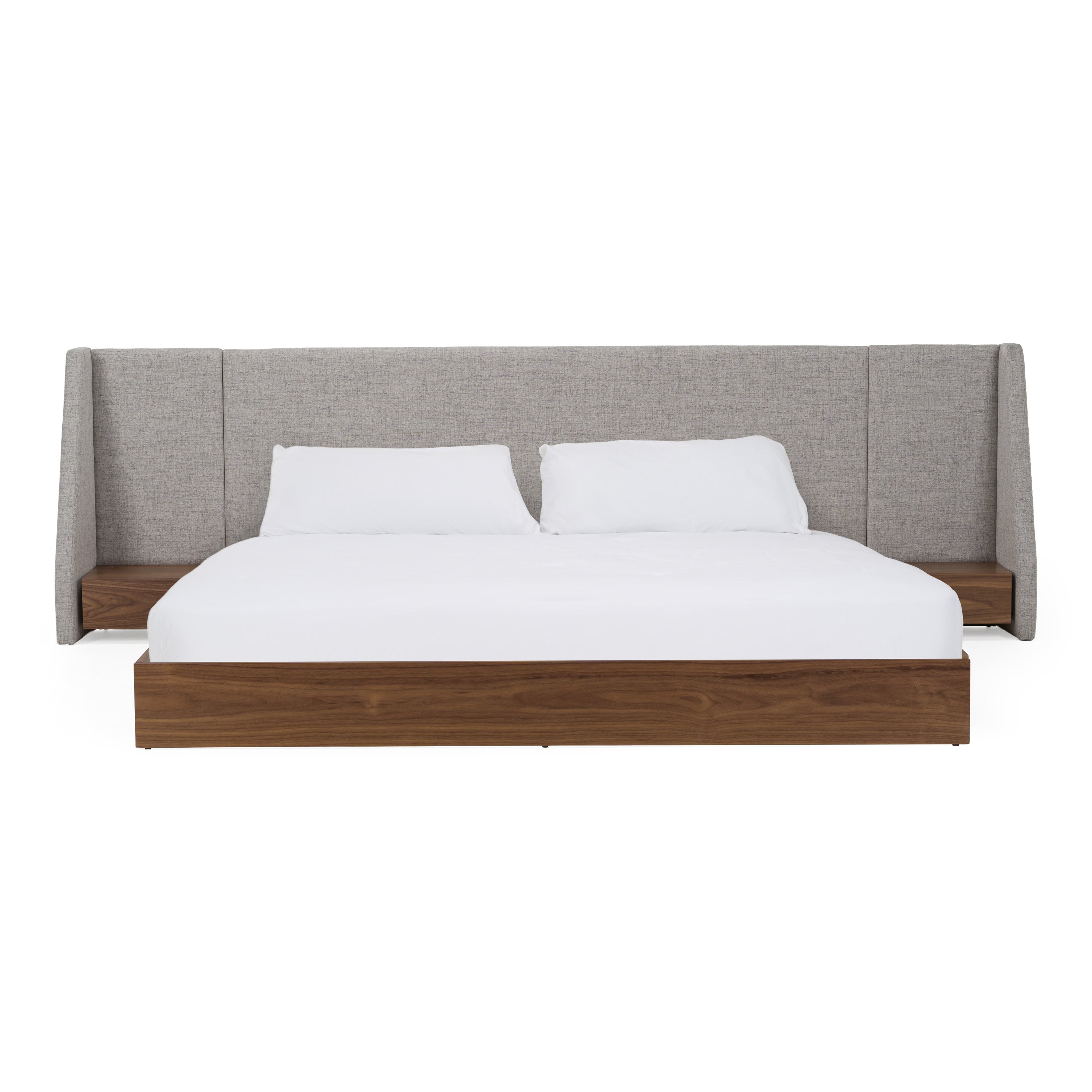 Janice - Modern Grey Fabric and Walnut Bed and Nightstands - Modern Grey Fabric and Walnut Bed and Nightstands