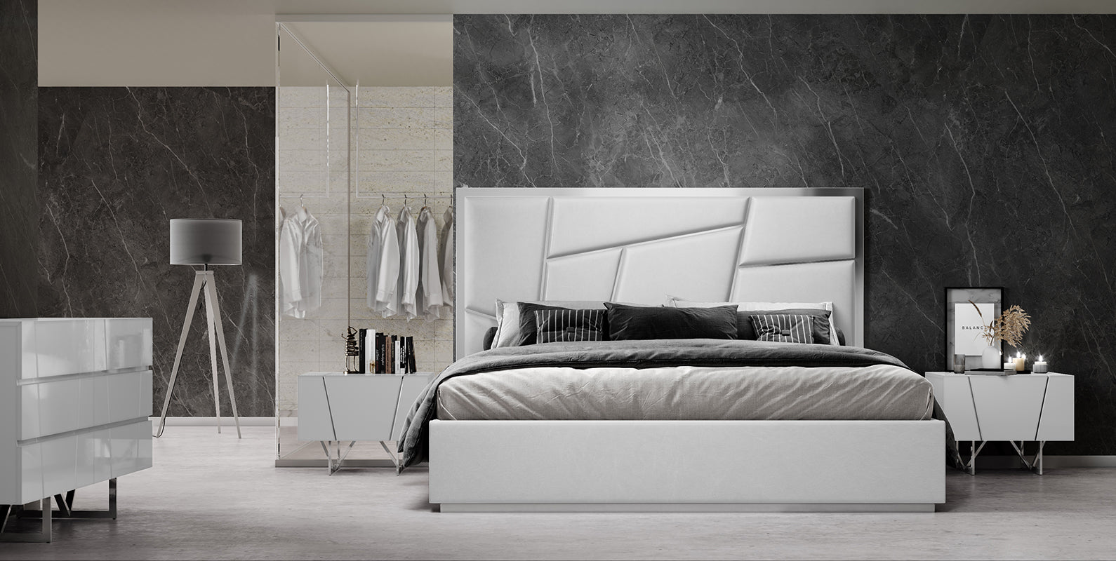 Queen Chrysler Modern White Bonded Leather Bed