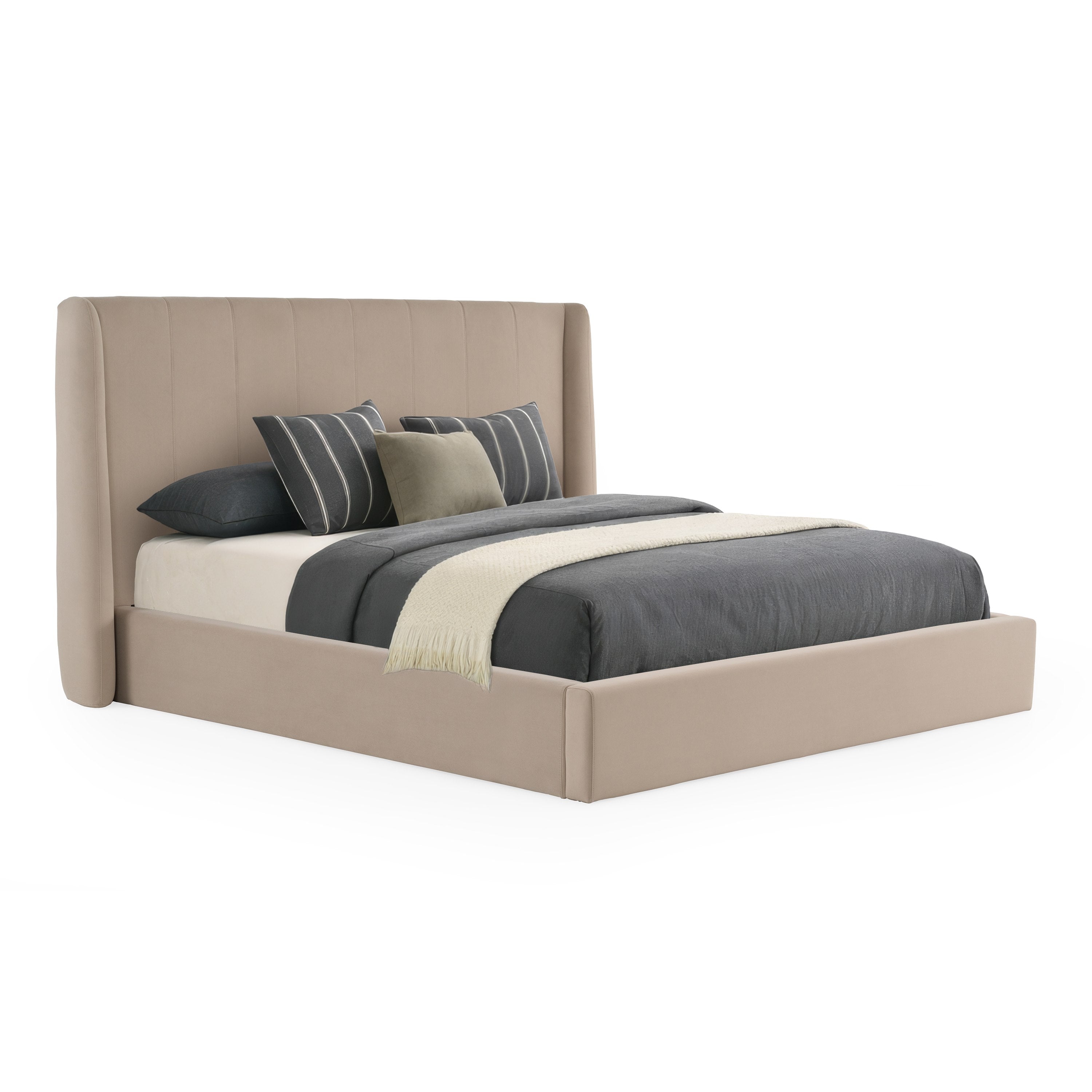 Eastern King Kiro + Lago - Modern Tan Fabric + Faux Travertine 4-Piece Bedroom Set - Modern Tan Fabric + Faux Travertine 4 - Piece Bedroom Set