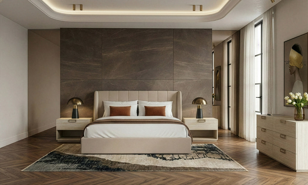 Eastern King Kiro + Lago - Modern Tan Fabric + Faux Travertine 4-Piece Bedroom Set - Modern Tan Fabric + Faux Travertine 4 - Piece Bedroom Set