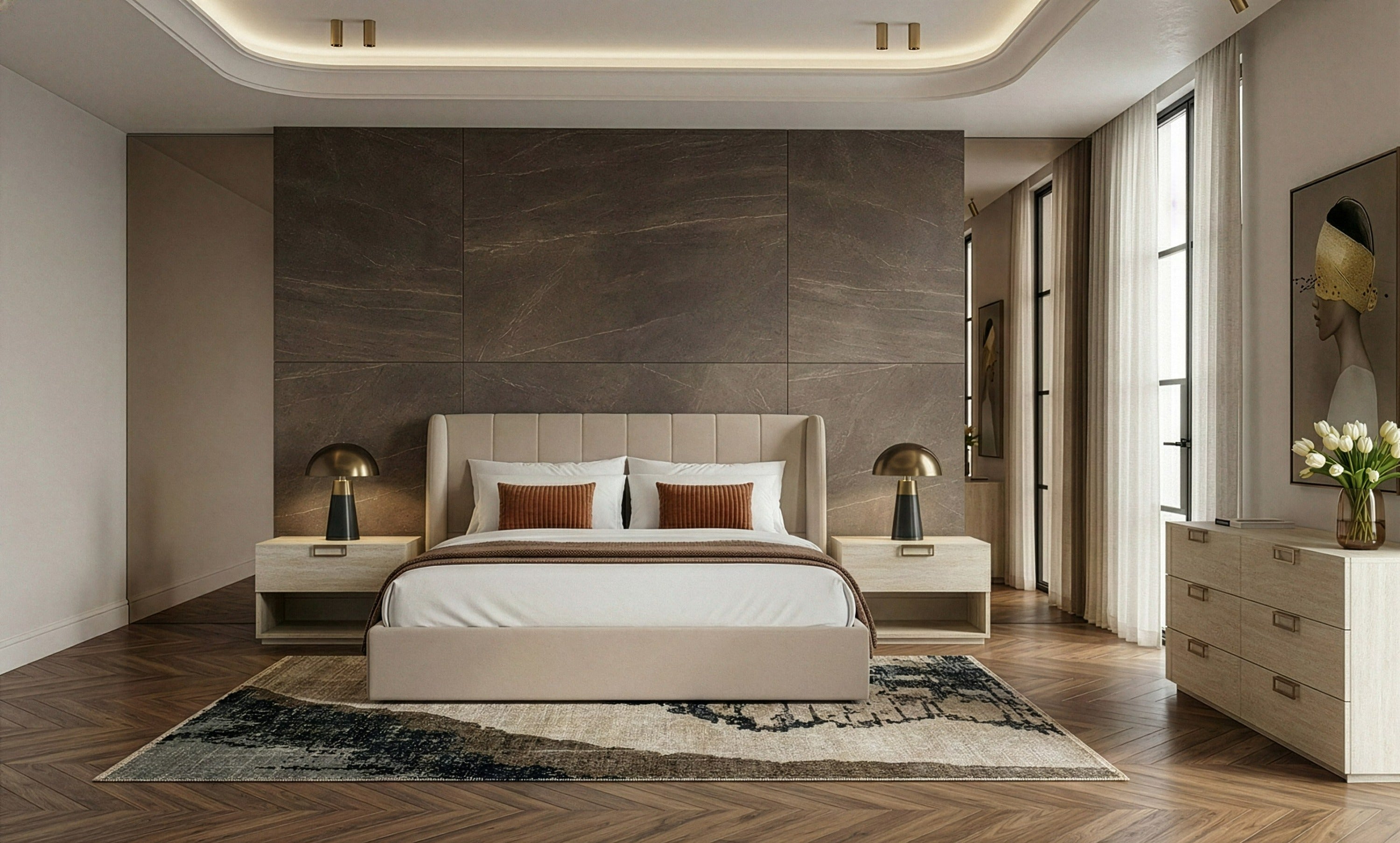 Eastern King Kiro + Lago - Modern Tan Fabric + Faux Travertine 4-Piece Bedroom Set - Modern Tan Fabric + Faux Travertine 4 - Piece Bedroom Set