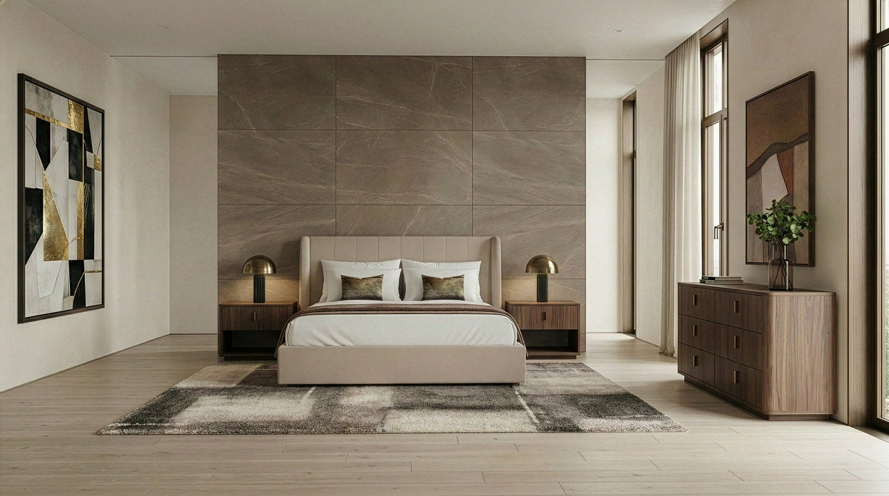 Kiro + Roma - Modern Tan Fabric + Walnut 4-Piece Bedroom Set - Modern Tan Fabric + Walnut 4 - Piece Bedroom Set
