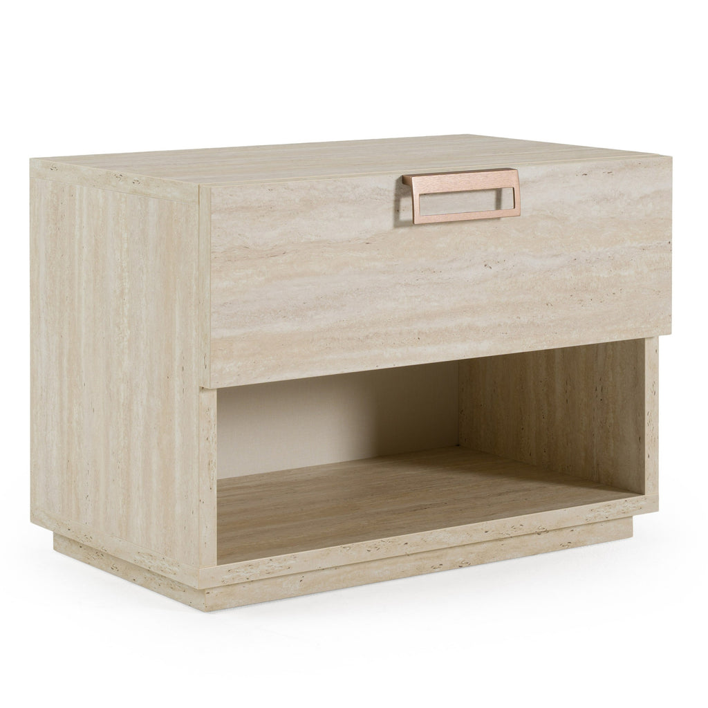Roma + Lago - Modern Burnt Orange Velvet + Faux Travertine Bed + Nightstands Set - Modern Burnt Orange Velvet + Faux Travertine Bed + Nightstands Set
