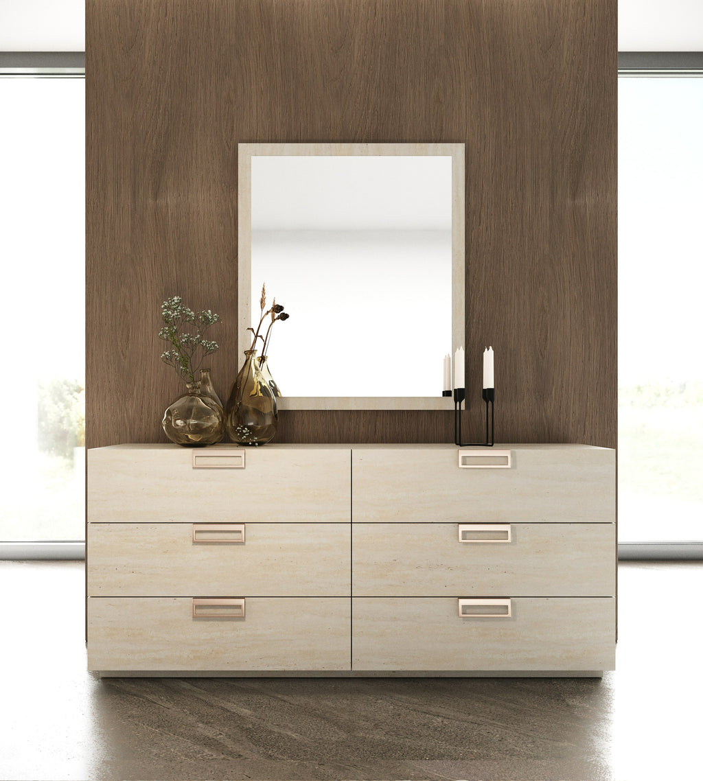 Eastern King Kiro + Lago - Modern Tan Fabric + Faux Travertine 4-Piece Bedroom Set - Modern Tan Fabric + Faux Travertine 4 - Piece Bedroom Set