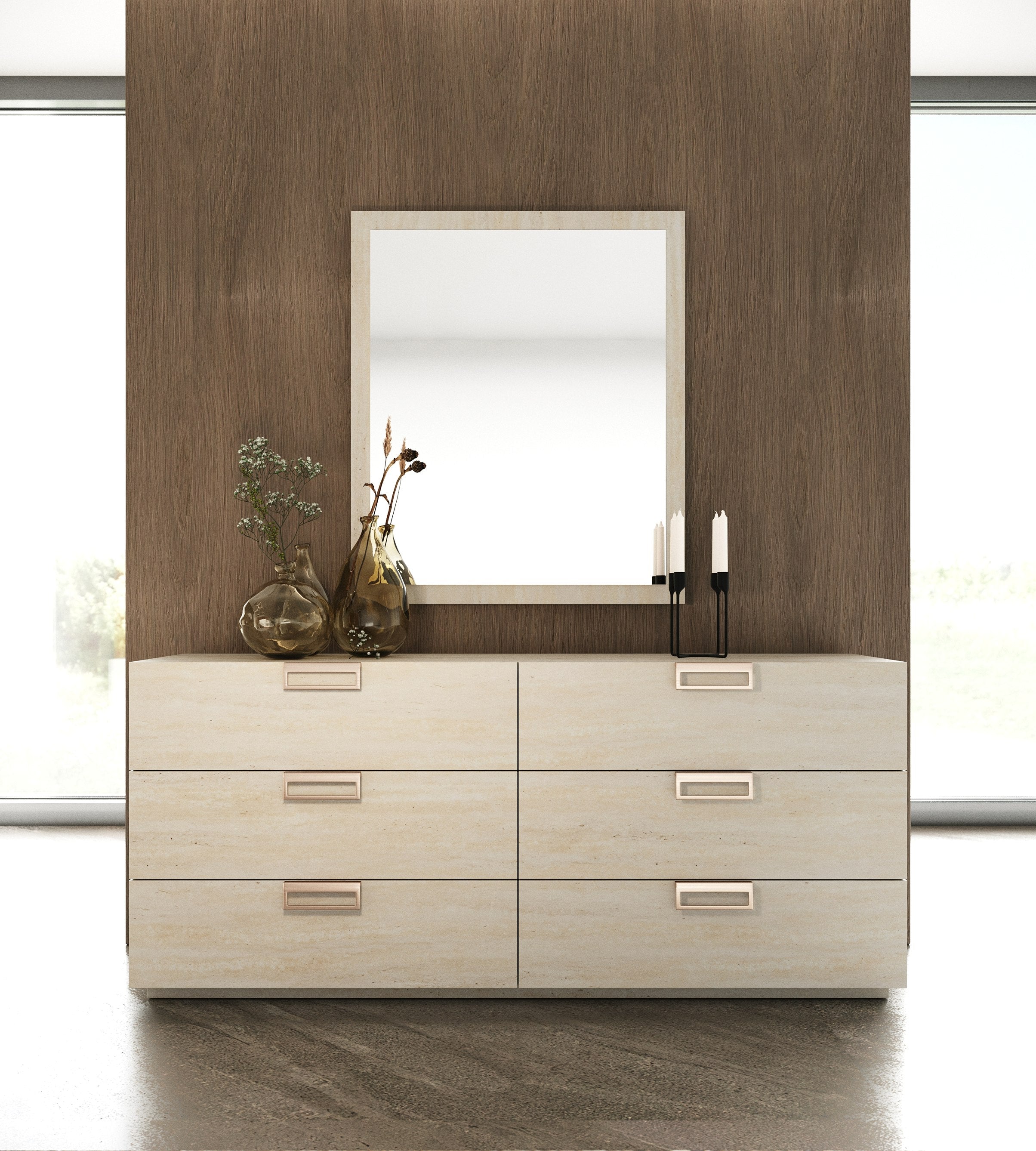 Eastern King Kiro + Lago - Modern Tan Fabric + Faux Travertine 4-Piece Bedroom Set - Modern Tan Fabric + Faux Travertine 4 - Piece Bedroom Set