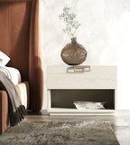 Roma + Lago - Modern Burnt Orange Velvet + Faux Travertine Bed + Nightstands Set - Modern Burnt Orange Velvet + Faux Travertine Bed + Nightstands Set