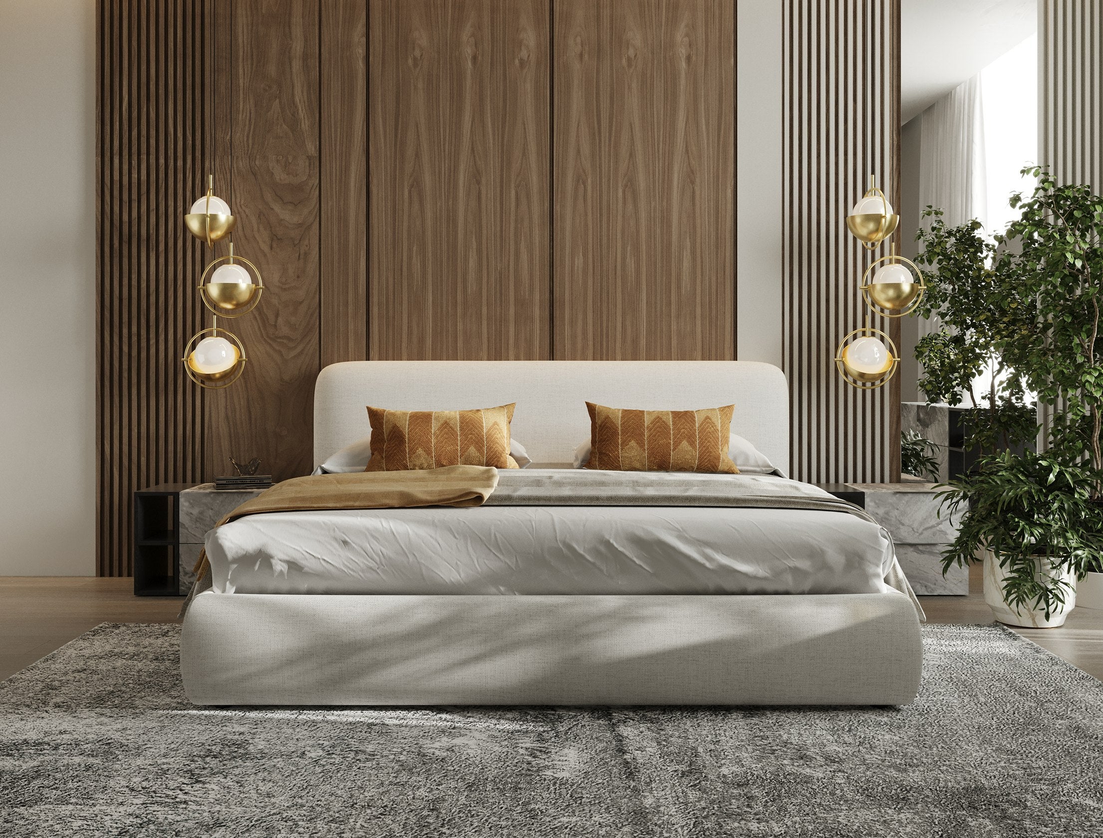 Eastern King Liam - Modern Ivory Fabric Upholstered Bed - Modern Ivory Fabric Upholstered Bed