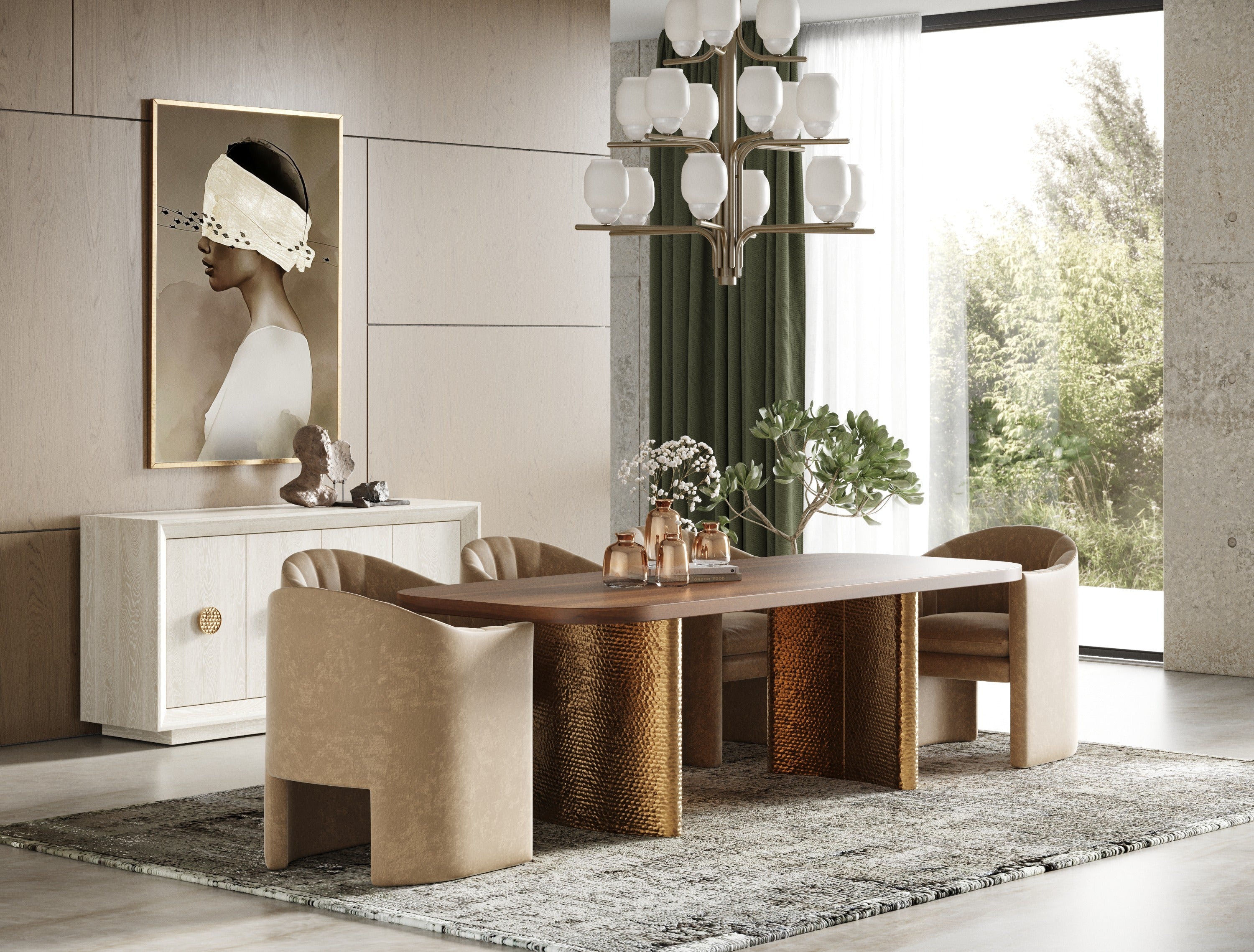 Marjorie - Modern Walnut + Brushed Gold Rectangular Dining Table