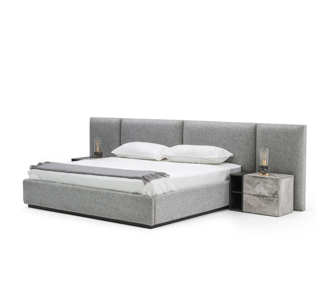 Maranello - Modern Grey Fabric Bed with Two Nightstands - Modern Grey Fabric Bed with Two Nightstands - Queen