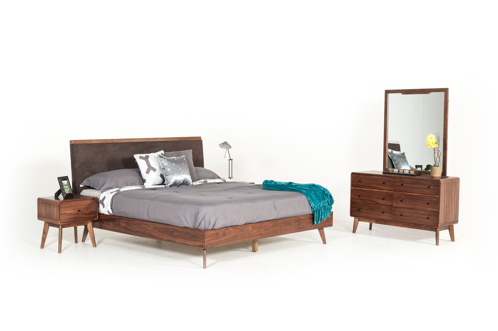 Eastern King Marshall Mid-Century Modern Brown Fabric & Walnut Bed