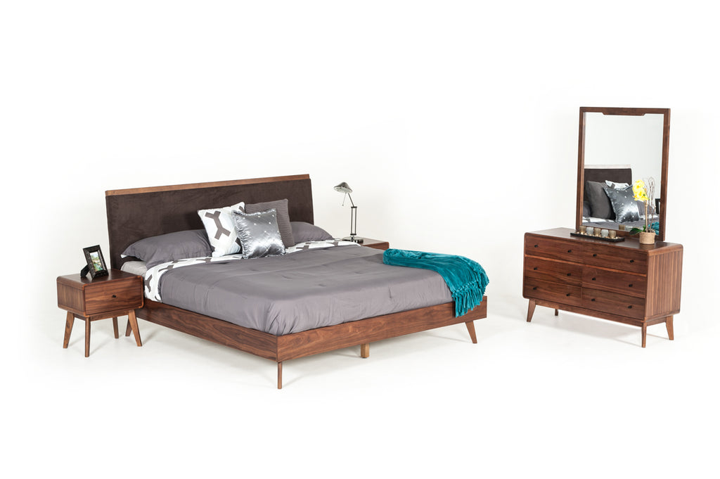 Eastern King Marshall Mid-Century Modern Brown Fabric & Walnut Bed