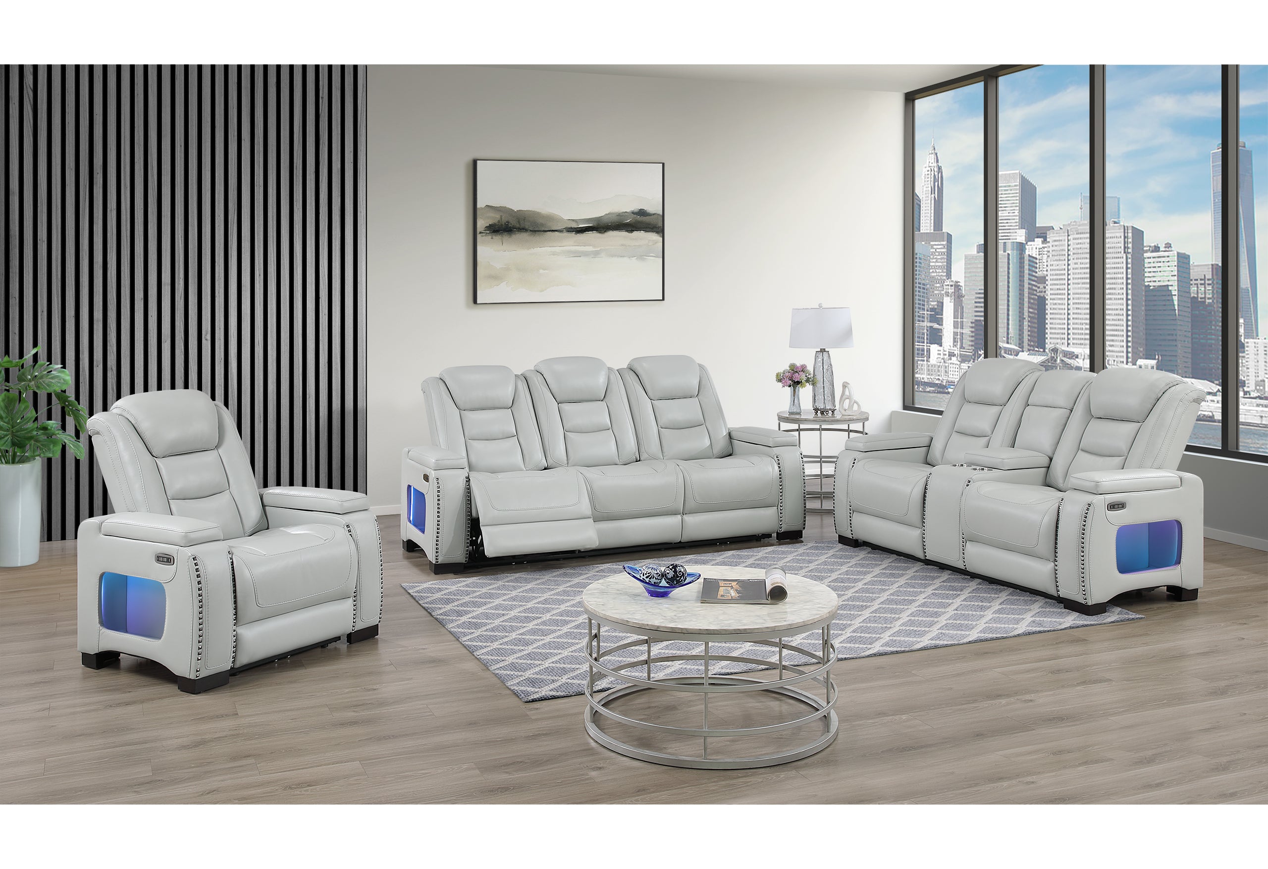 U8609 GREY POWER RECLINING SOFA/POWER CONSOLE RECLINING LOVESEAT/POWER RECLINER WITH PHR, USB, LED & BOOKSHELF ARM