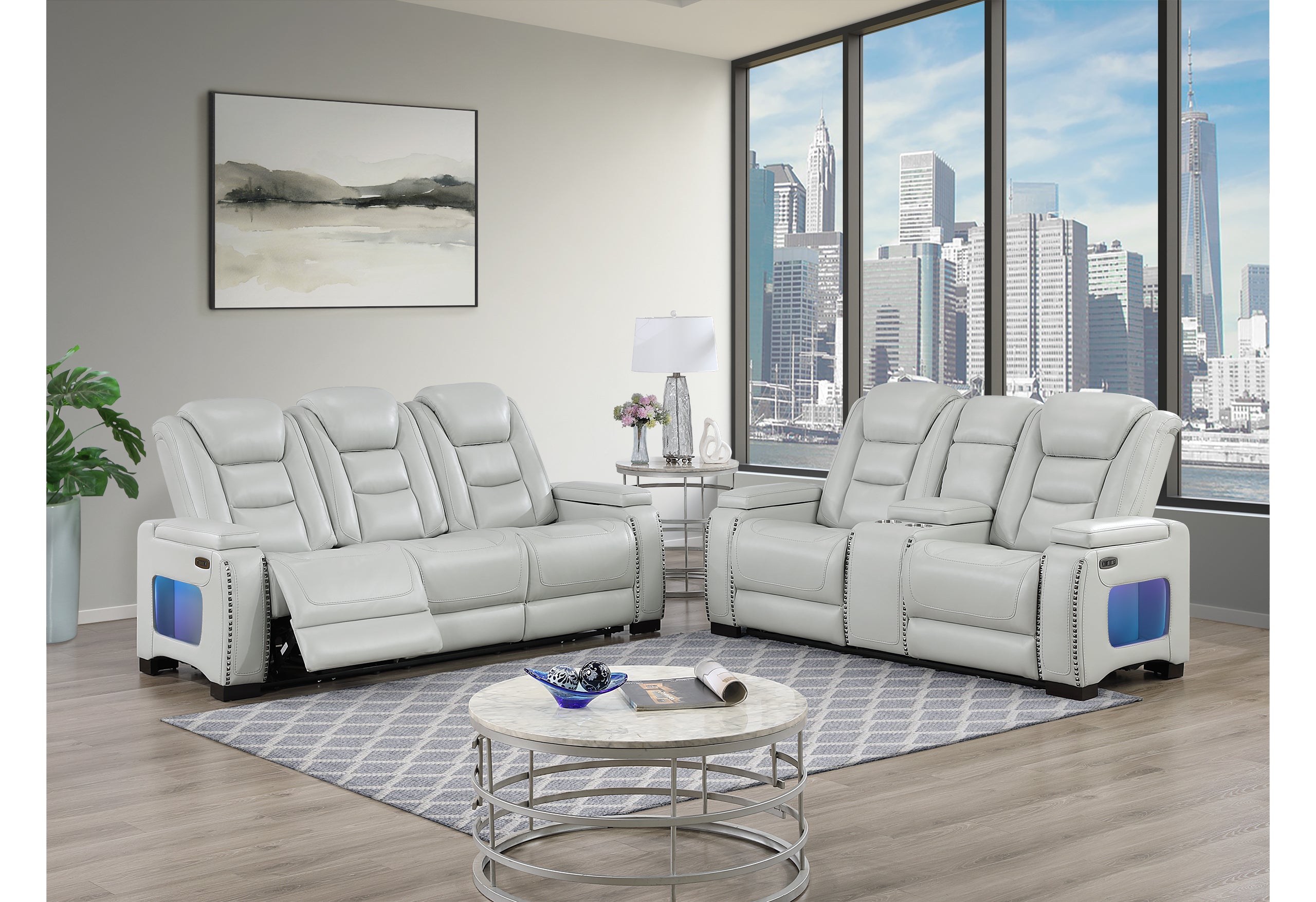U8609 GREY POWER RECLINING SOFA/POWER CONSOLE RECLINING LOVESEAT WITH PHR, USB, LED & BOOKSHELF ARM