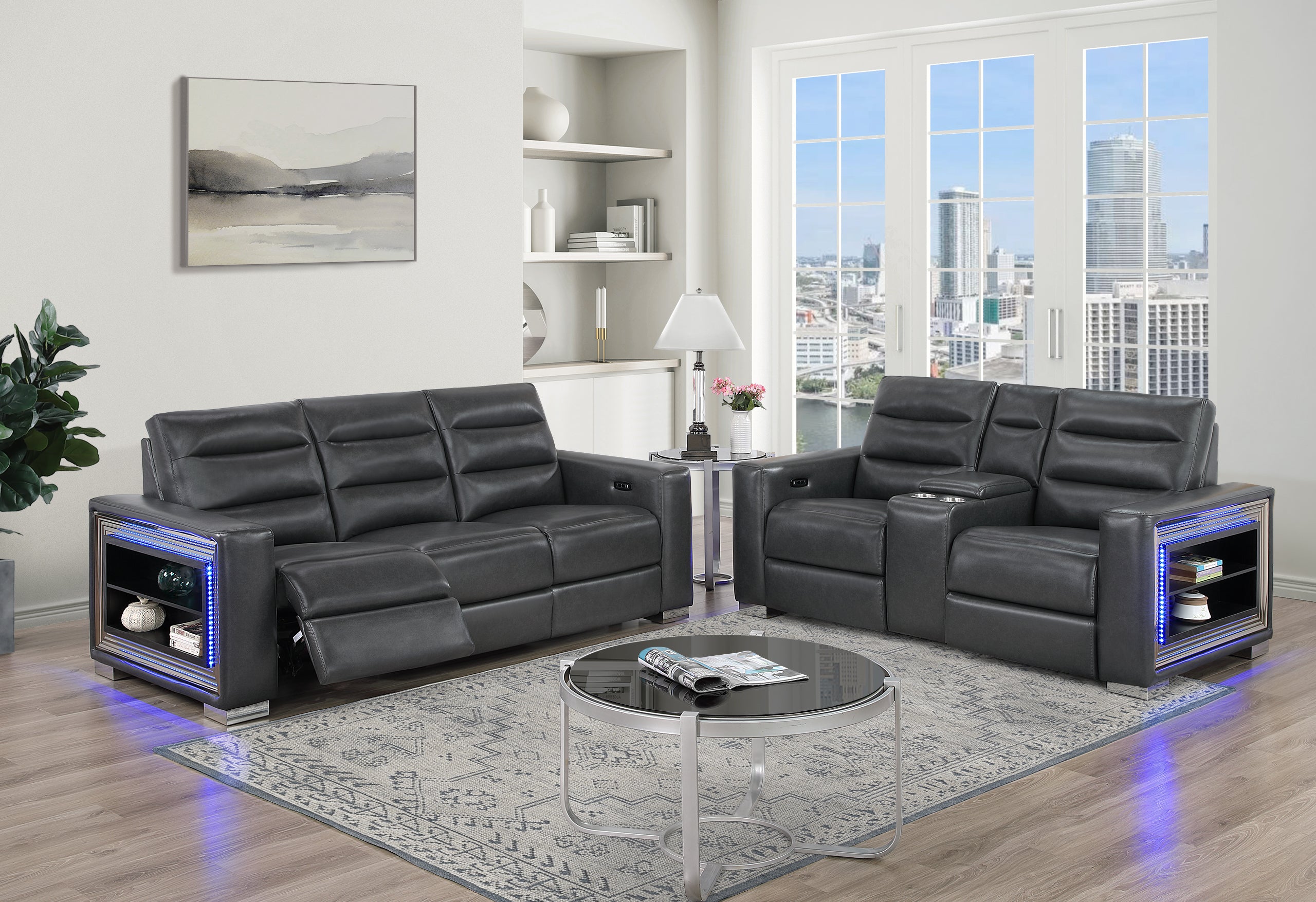 YLIME BLANCHE CHARCOAL POWER RECLINING SOFA WITH USB AND BOOKCASE ARM LED POWER CONSOLE RECLINING LOVESEAT WITH BOOKCASE LED