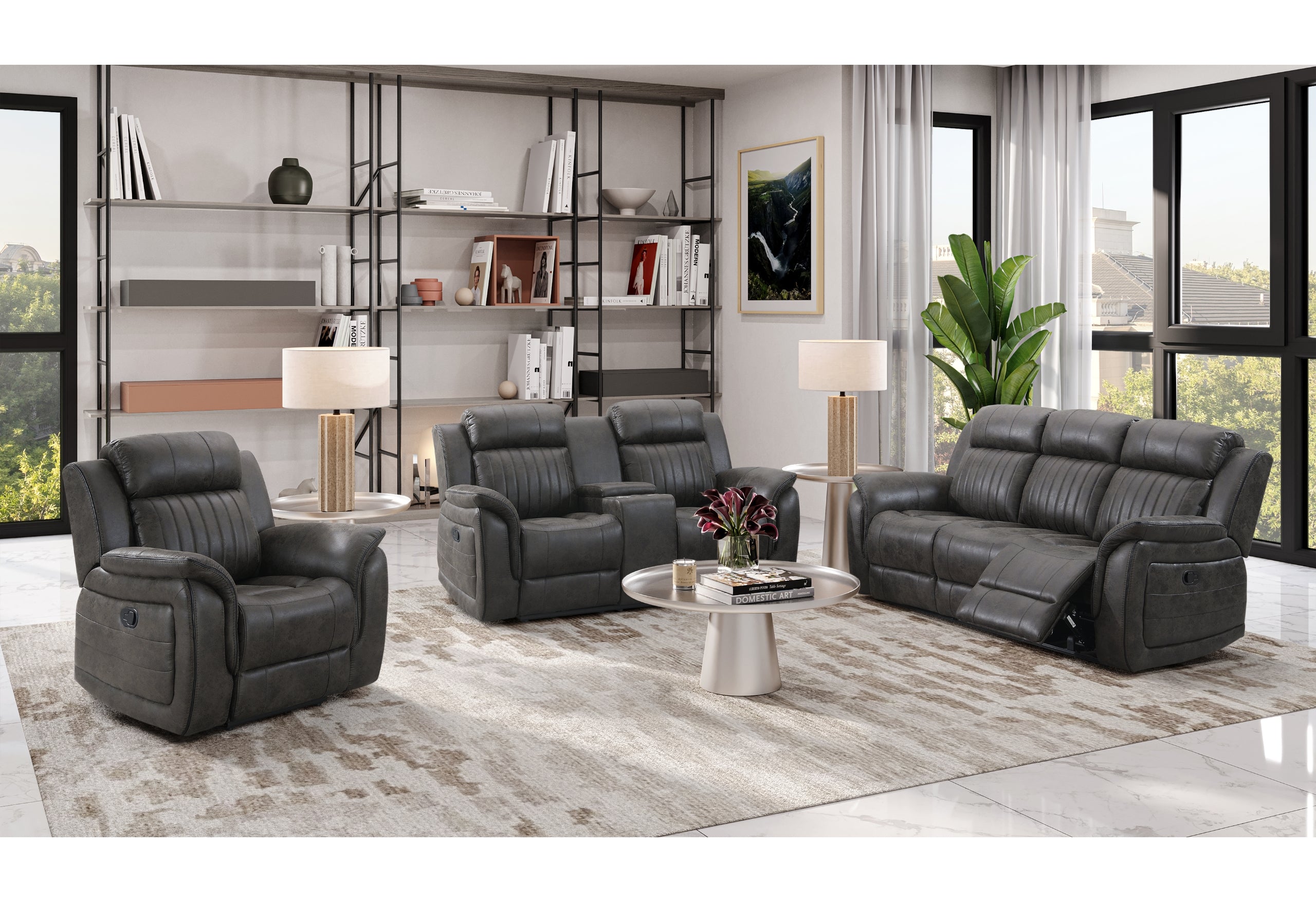 U8517 GREY RECLINING SOFA/RECLINING LOVESEAT/GLIDER RECLINER