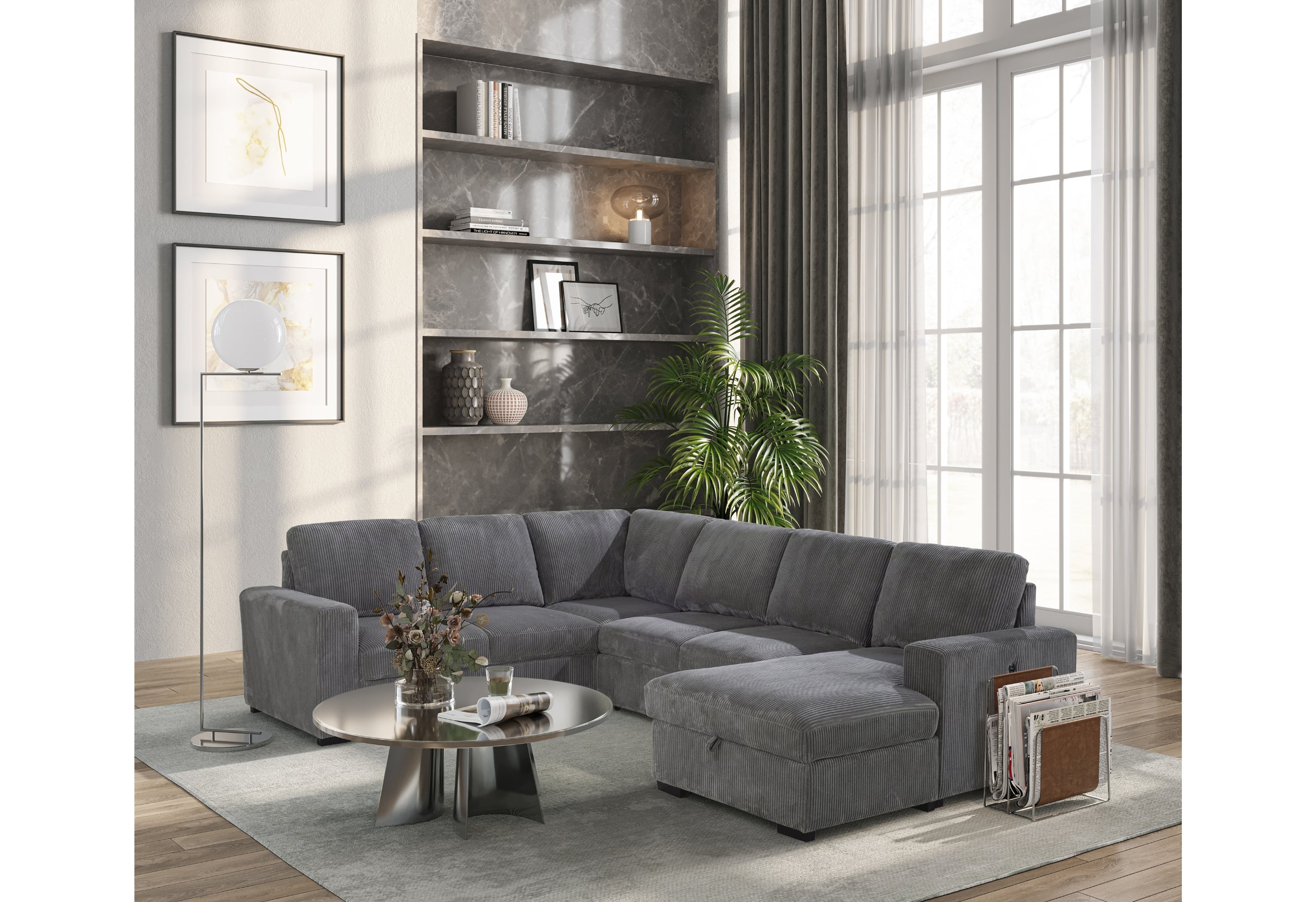 U2660 GREY SECTIONAL W/PULL OUT
