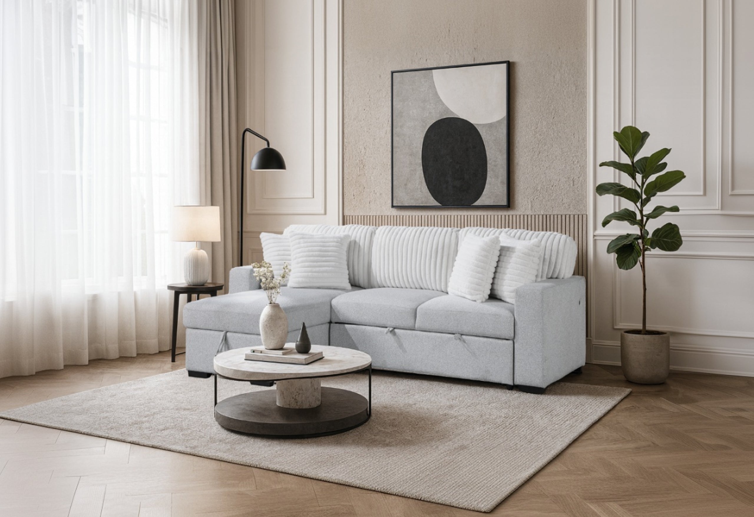 U0204 LIGHT GREY/WHITE REVERSIBLE PULL OUT SOFA BED