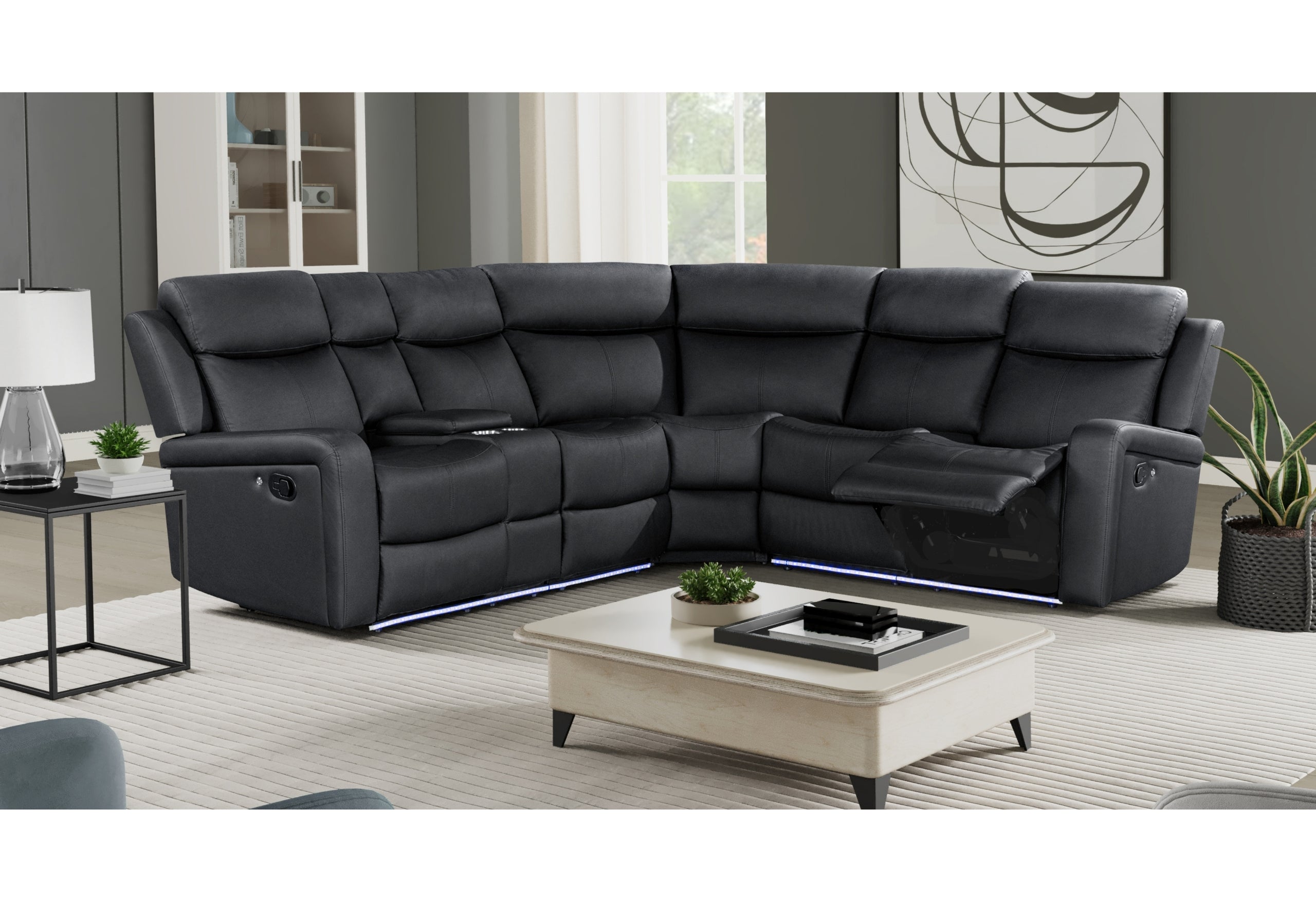 U6024 BLACK PU 72A SECTIONAL WITH LED AND 2 RECLINERS